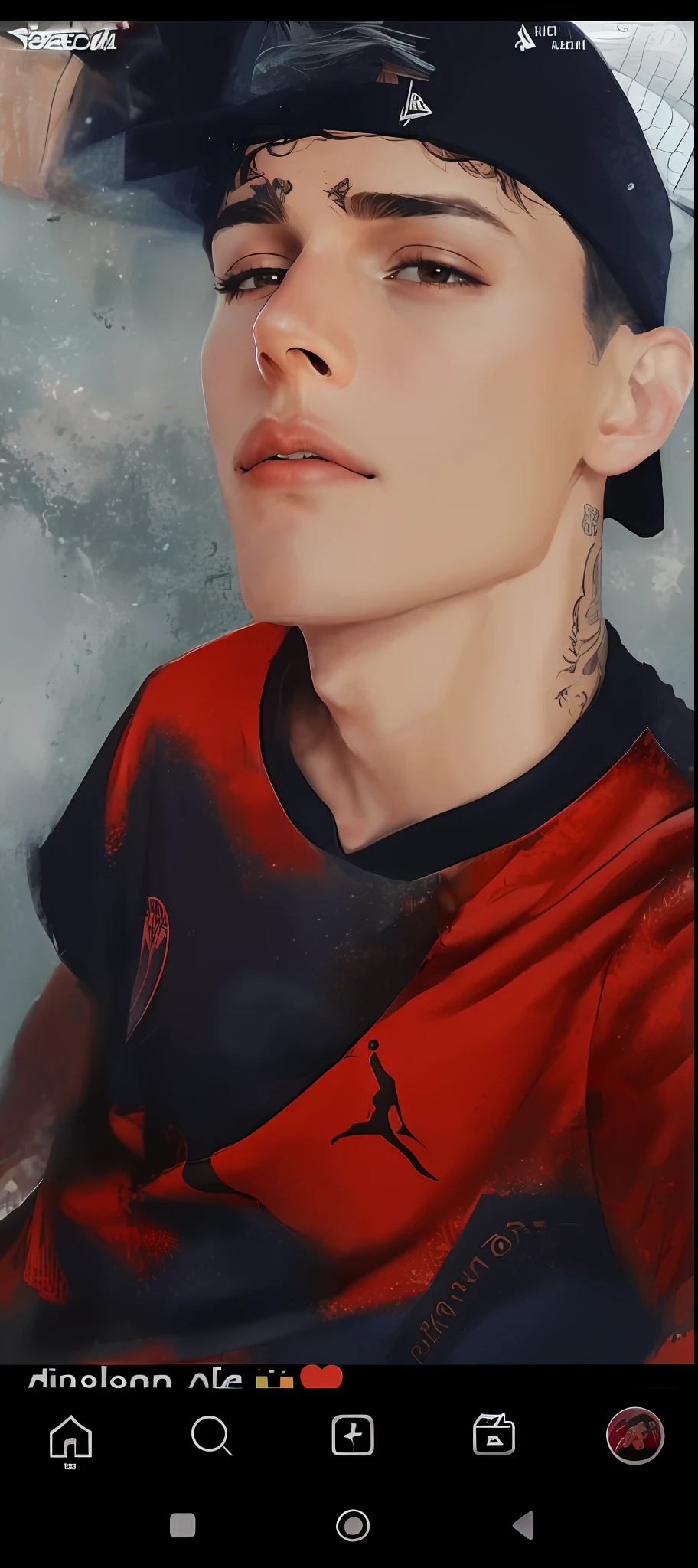 a close up of a person wearing a hat and a red shirt, androgynous face, androgynous male, androgynous person, androgynous, ✏️🎨, attractive neck, profile image, with tattoos, androgyny, by Nándor Katona, neck tattoos, by Amelia Peláez, ferrari logo on it's chest