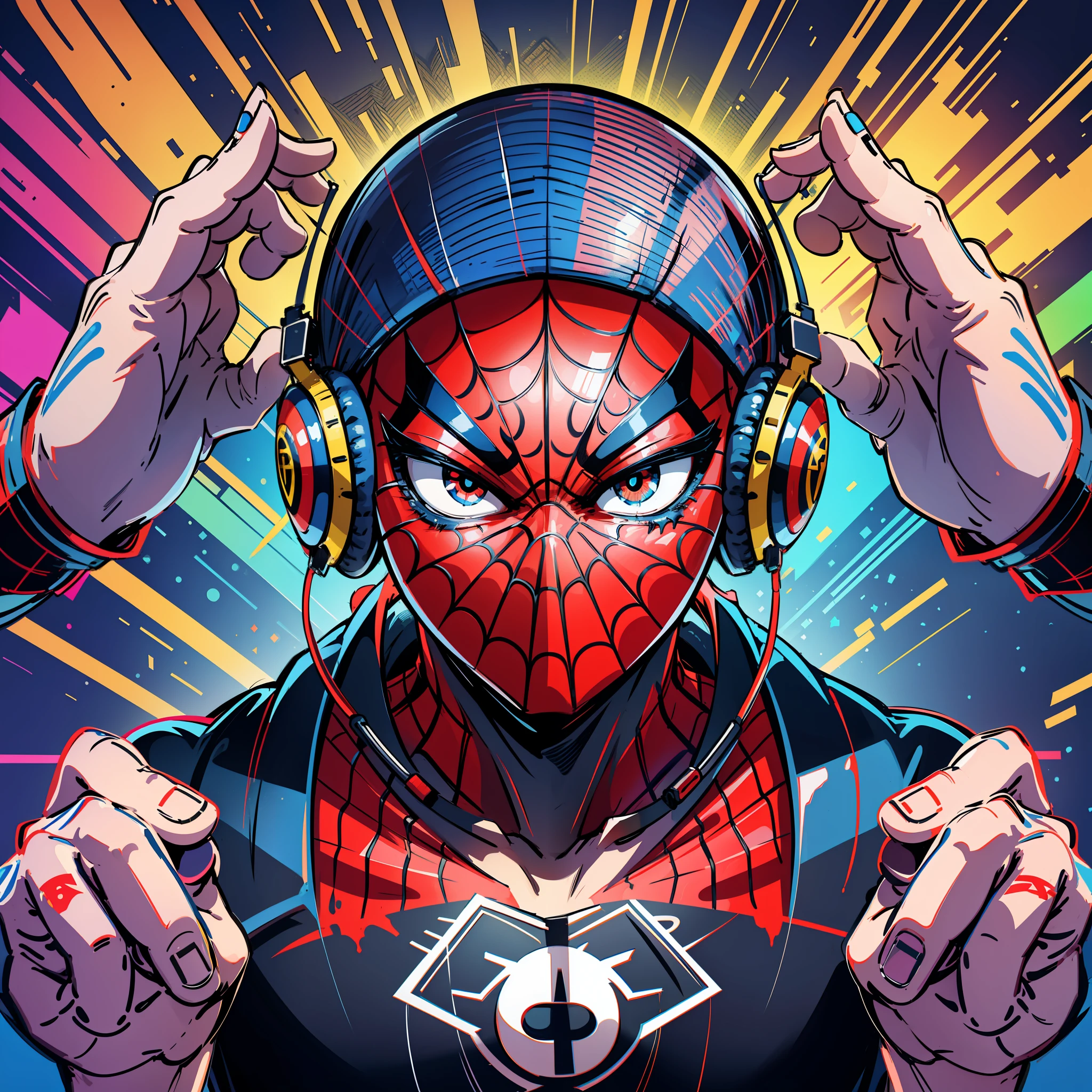 centered, isometric, vector t-shirt art ready to print highly detailed colourful graffiti illustration of Spiderman, wearing headphones with bitcoin logo, face is covered by highly detailed damaged spiderman mask, vibrant color, high detail, 8k --ar 2:3 --s 1000 --q 2 --style raw --v 5.1