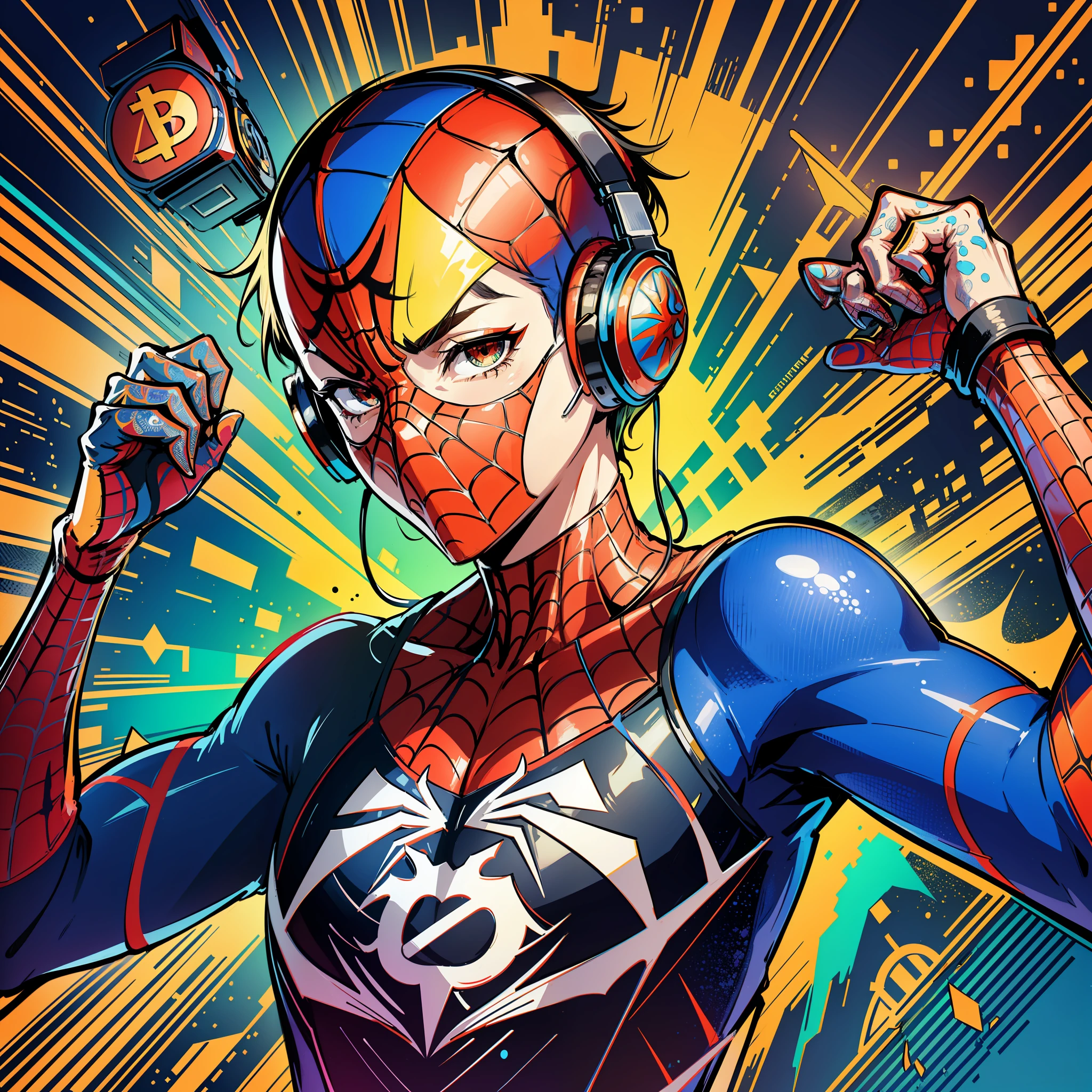 centered, isometric, vector t-shirt art ready to print highly detailed colourful graffiti illustration of Spiderman, wearing headphones with bitcoin logo, face is covered by highly detailed damaged spiderman mask, vibrant color, high detail, 8k --ar 2:3 --s 1000 --q 2 --style raw --v 5.1