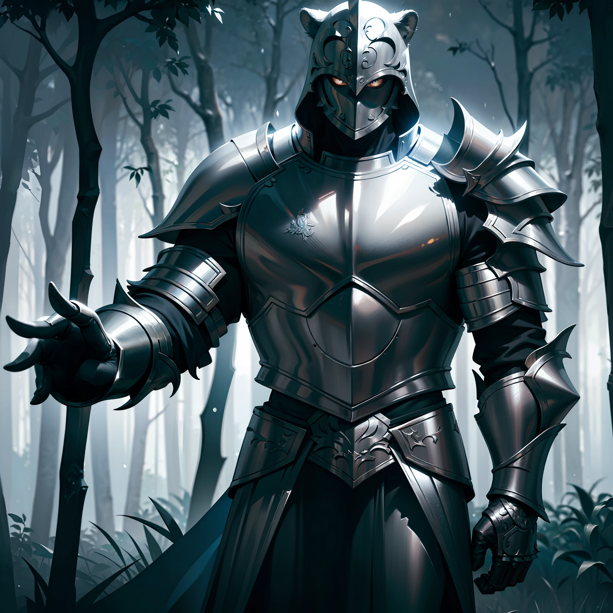 man in a silver bear armor,ultra realistic,rain,day,mist,dark,particles,ultra detailed,artwork,very detailed,well lit,detailed lighting,shadow detailed,forest detailed