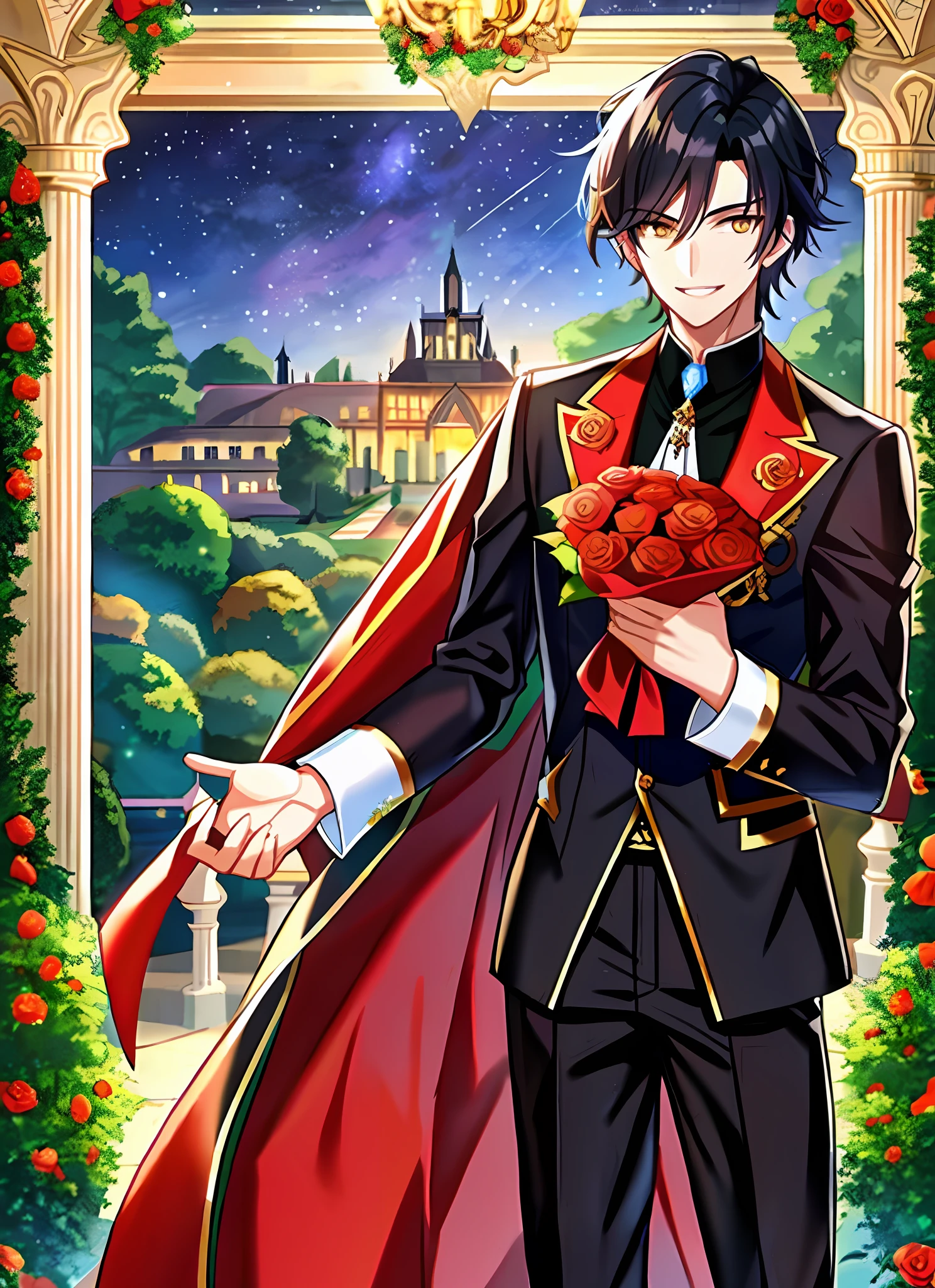 Man with waist-length black hair and yellow eyes, holding a bouquet of flowers, prince style clothes, duke, coquettish smile, garden background, starry night, 1 boy