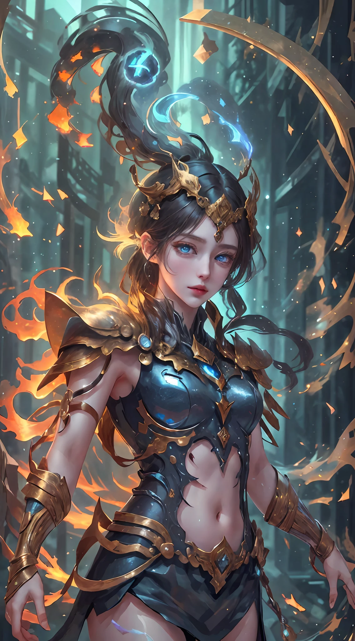 8k, complex, elegant, highly detailed, majestic, digital photography, denim lens, surrealist painting, broken glass, beating magic, (masterpiece, side light, fine beautiful eyes: 1.2), HDR, void 5 energy lightning storm, asian girl, black eyes, pale skin, delicate face, black hair, wearing palatial battle armor, bare shoulders, navel, short skirt, fine metal armor, raining, beautiful, facing the audience, facing the camera, masterpiece, upper body,