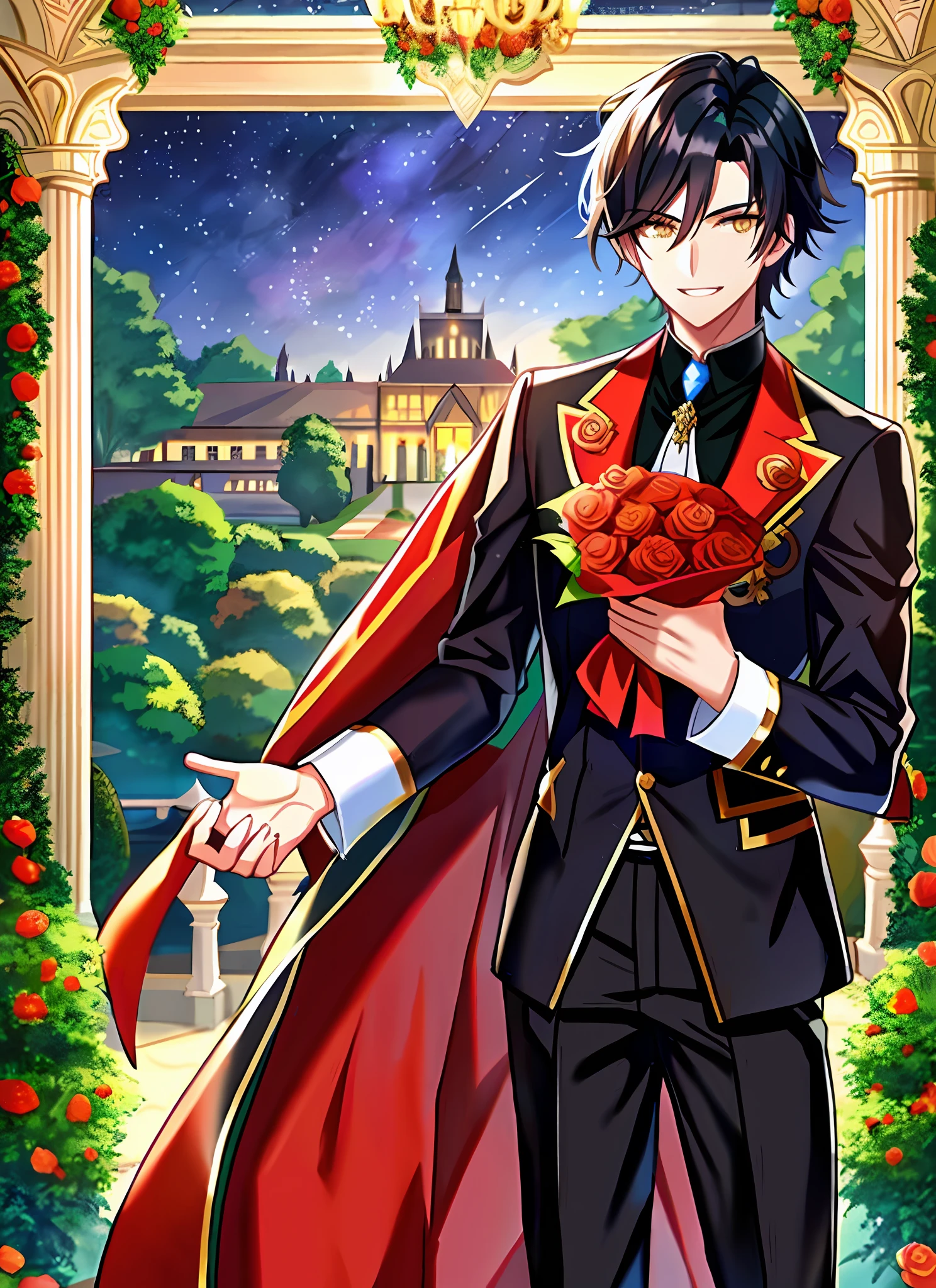 Man with waist-length black hair and yellow eyes, holding a bouquet of flowers, duke-style clothes, ambitious coquettish smile, garden background, starry night, 1 boy