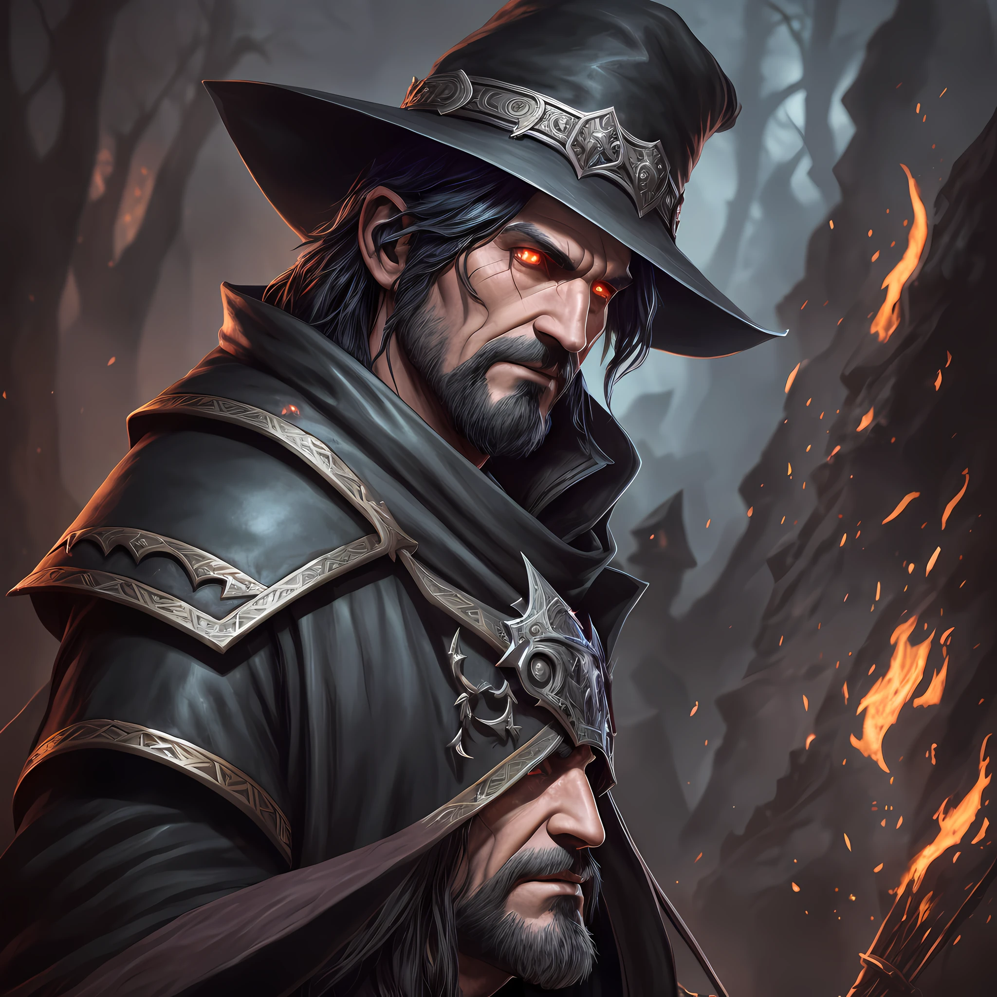 There's a man in armor, portrait of a blood hunter, portrait of the old necromancer, dark-cloaked necromancer, Guillem H. Pongiluppi, from the black mage's graveyard!!!, dark fantasy character design, portrait of the necromancer, from the video game Vermintide 2, D &D Character Reveal, 8K RPG, Highly Detailed Epic, New Species, Thicc Build, High-Detail Specialized Concept Art,  UHD character details, 4K concept art and hyper realism, 8K game-style, Skyrim Mod, 8K character details, Specular highlights --auto --s2