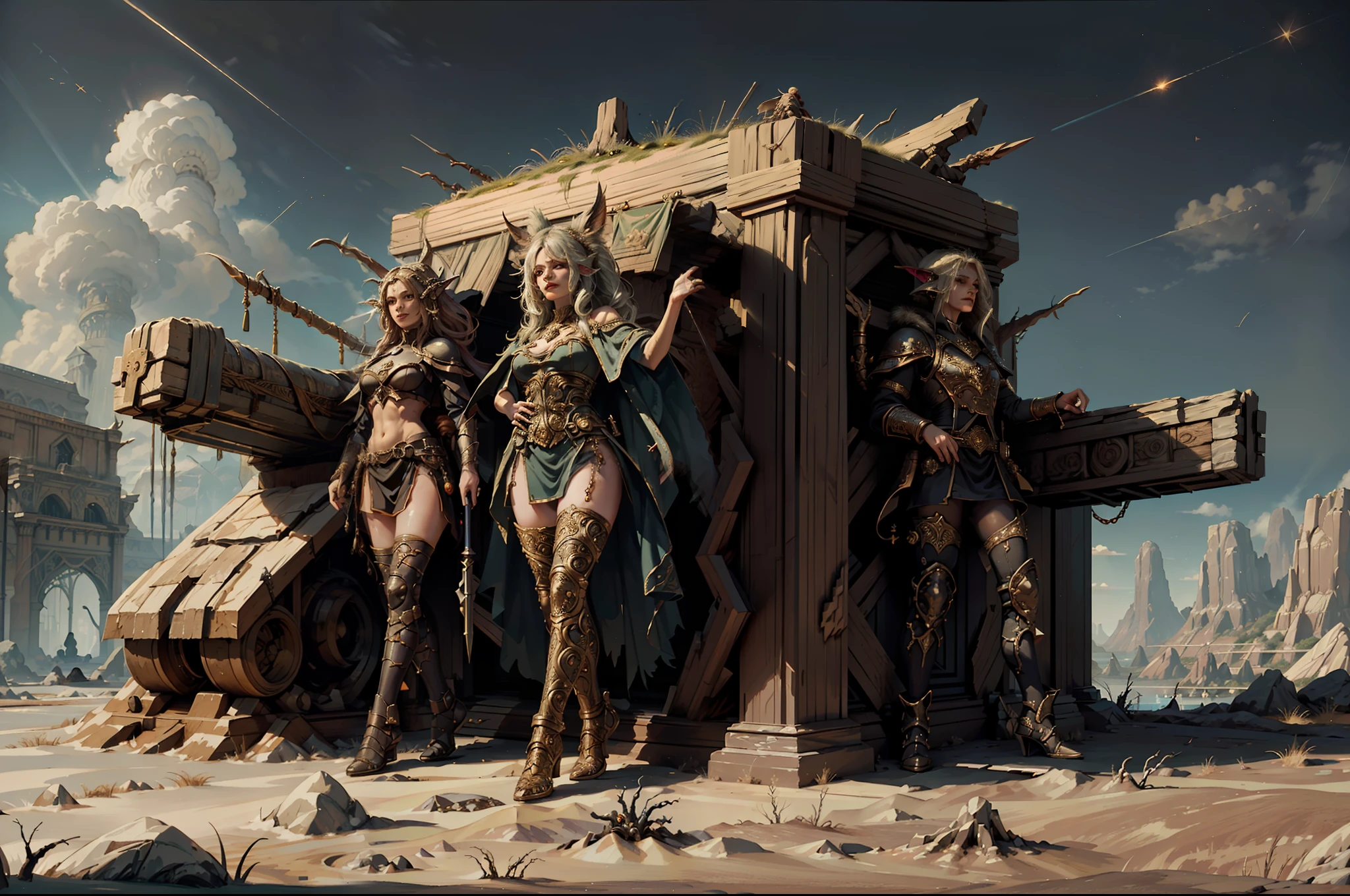 ((Best quality)), ((masterpiece)), (highly detailed:1.3)3D,tanjoreai , Amidst a realm of enchantment and mythical wonders, tales of (heroes:1.1) and (heroines:1.2) unfold. In this realm, ancient prophecies foretell the rise of a chosen champion destined to confront a malevolent force threatening to plunge the world into eternal darkness. The path to victory lies scattered across exotic and otherworldly landscapes, from mist-shrouded forests to towering crystalline peaks and (ethereal floating islands:1.1).Harnessing the arcane arts, (mighty wizards:1.1) conjure spells that weave intricate patterns of magic, while (elven archers:1.1) unleash arrows infused with ancient power. (Dwarven smiths craft legendary weapons:1.1) imbued with the essence of mythical creatures, capable of vanquishing even the most formidable foes.The heroes embark on a perilous quest, guided by ancient scrolls and cryptic riddles. Along their journey, they encounter wise mystics, shape-shifting creatures, and (mysterious sorceresses:1.1) who possess forbidden knowledge.As the heroes traverse the realms, ancient ruins and forgotten temples reveal long-lost secrets and powerful artifacts. The clash of steel and the crackling of (magical energies:1.1) echo through ancient battlegrounds, as the destiny of the world hangs in the balance. The heroes must summon unwavering courage, unwavering unity, and unlock their true potential to overcome seemingly insurmountable odds and fulfill their heroic destinies.In this realm of high fantasy, where the realms of magic and technology intertwine, where legends are born and (epic:1.2) sagas unfold, where heroes rise and villains fall, embark on a grand adventure that will captivate the imagination and transport you to a world where anything is possible,HDR (High Dynamic Range),Ray Tracing,NVIDIA RTX,Super-Resolution,Unreal 5,Subsurface scattering,PBR Texturing,Post-processing,Anisotropic Filtering,Depth-of-field,Maximum clarity and sharpness,Multi-layered textu