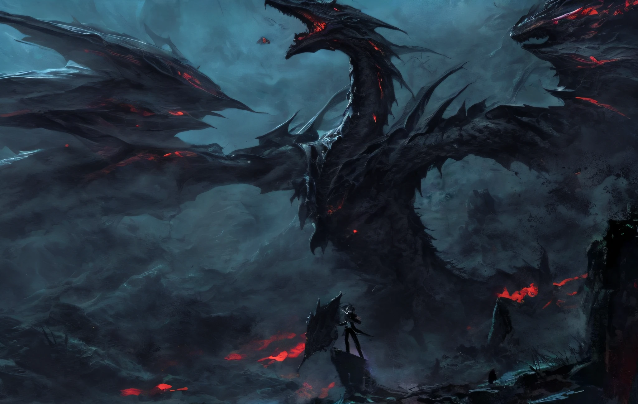 a close up of a dragon with a person standing in front of it, ancalagon the black, alduin, black dragon, dark fantasy artwork, dark fantasy concept art, 4k fantasy art, dark fantasy style art, dramatic concept art, epic fantasy artwork, 8k fantasy art, dark fantasy art, colossal dragon as background, detailed digital 2d fantasy art