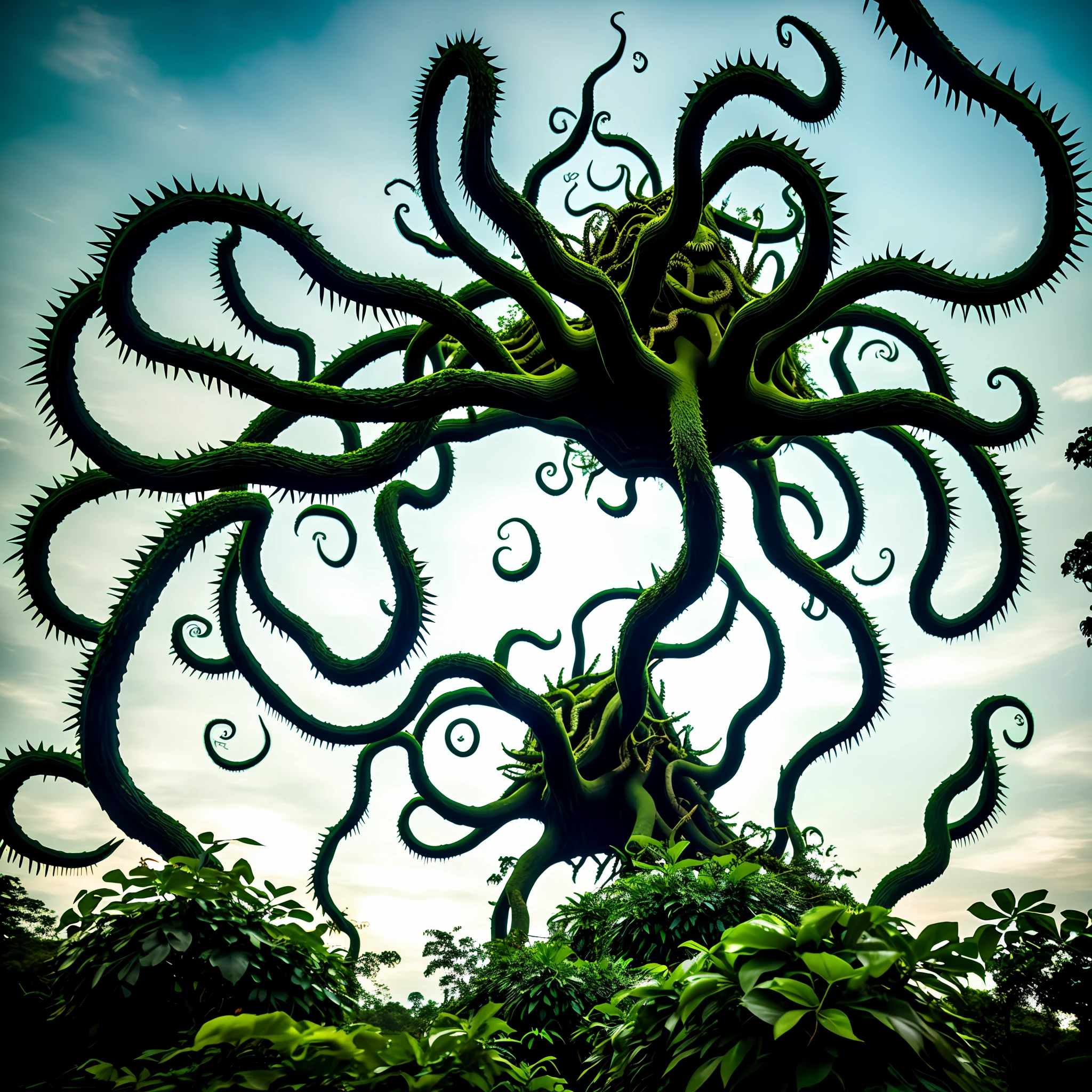 Jungle scenery, The monster appears to be comprised of a body made of interwoven thorny branches, body is no like human is like unregular ball, with a shape similar to an octopus. It has eight thin, thorny arms resembling tentacles, each ending in a sharp, on some arms are eyes