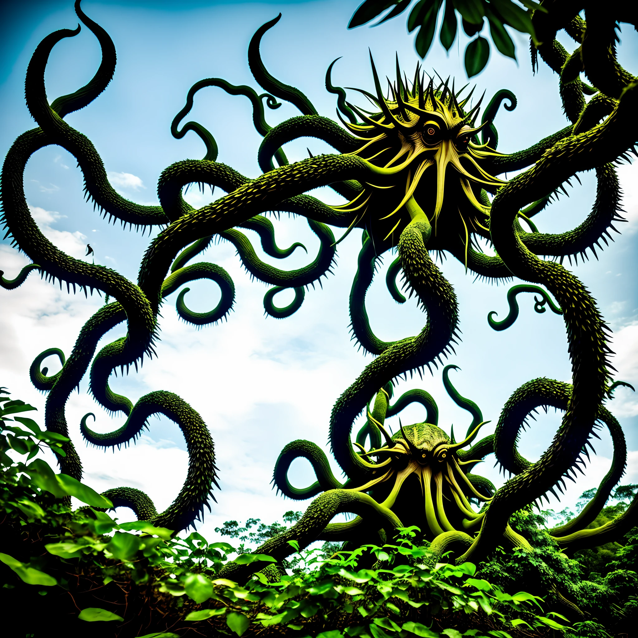 Jungle scenery, The monster appears to be comprised of a body made of interwoven thorny branches, body is no like human is like unregular ball, with a shape similar to an octopus. It has eight thin, thorny arms resembling tentacles, each ending in a sharp, on some arms are eyes
