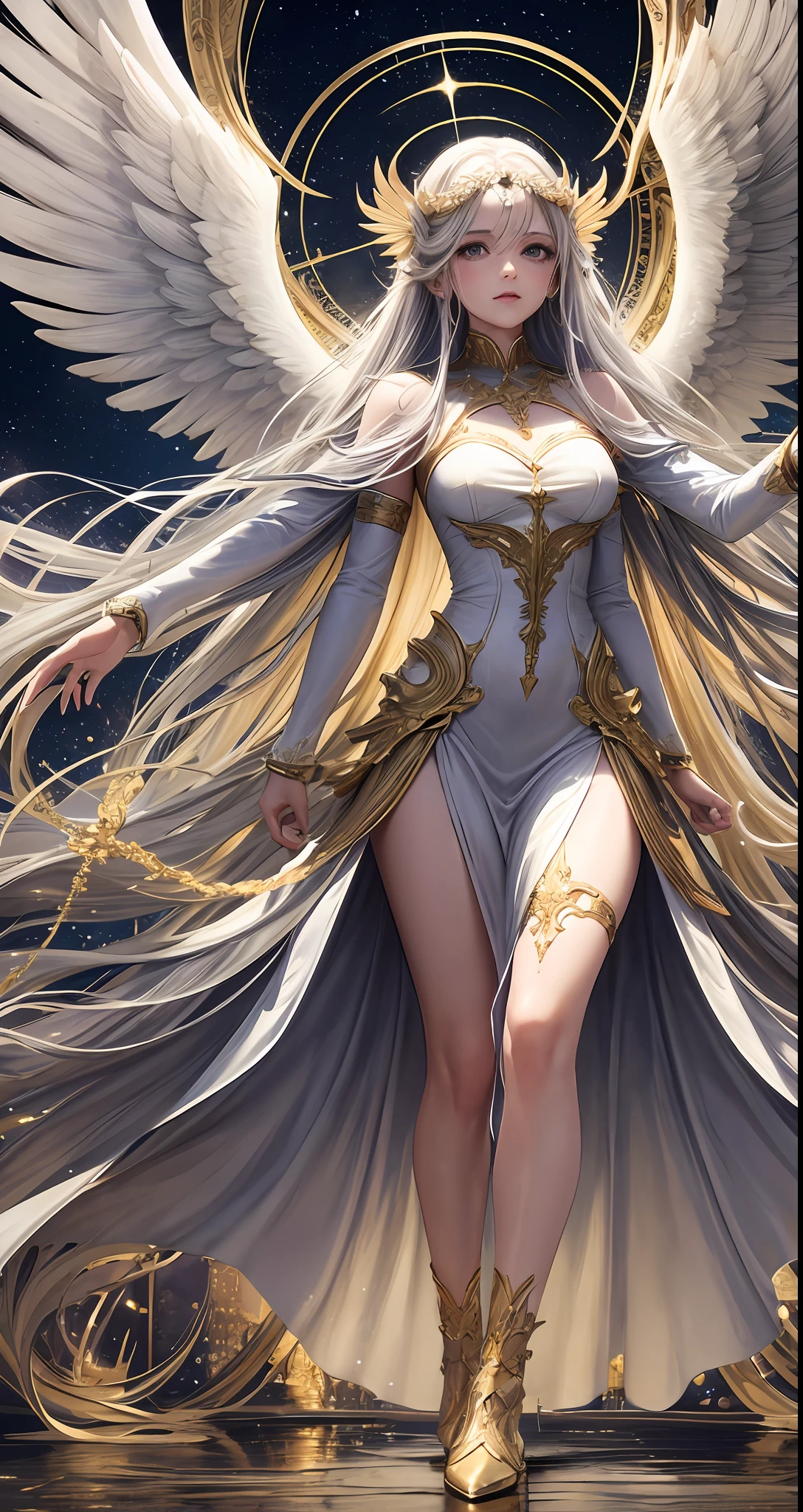 Angel with 30 years old full body woman wearing long white with mages details in yellow gold firmly holding the trobeta +++ , fearless, not sexy +++, angel wings, sky, bow, clouds, ultra details +++, milky way, universe, ultra realist, stunning details, gold, white richness in detail.