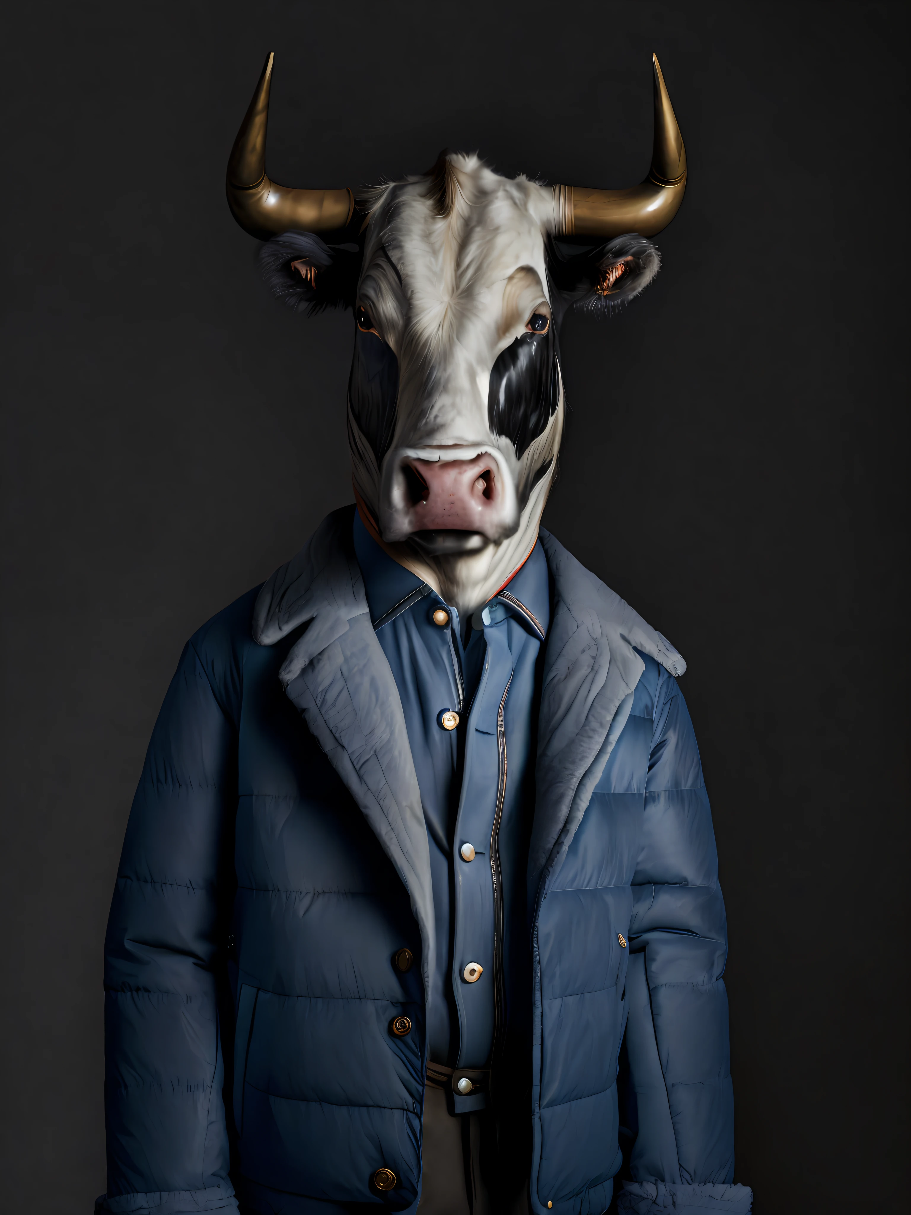 A young boy with a bull head wearing a blue jacket