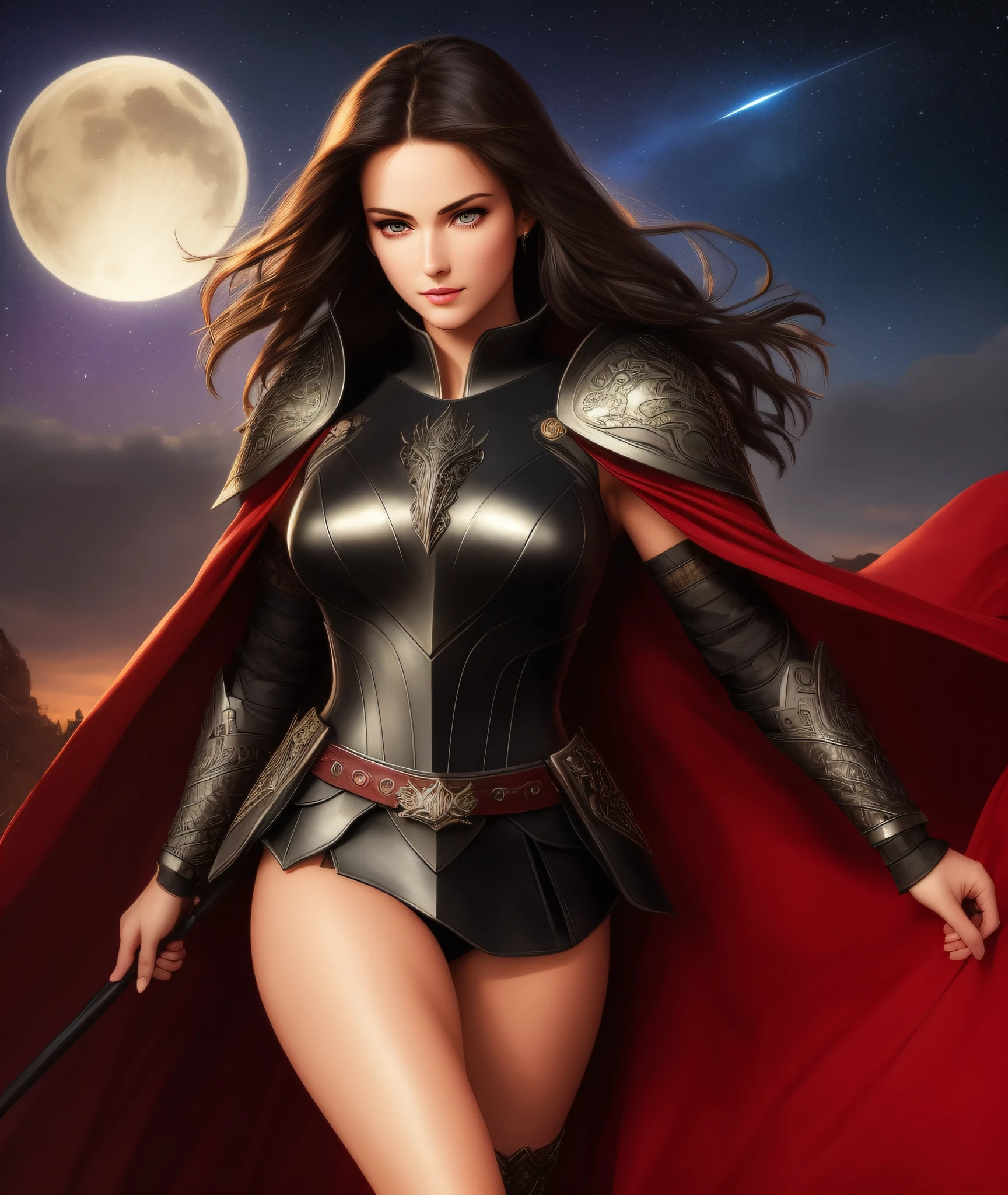 ((realistic:1.5)),((best quality)), ((masterpiece)),((detailed)), (1girl), a beautiful female (upper body:1.3),super-wide-angle lens, face focus, toned muscles, long legs, barefoot, slim thighs, narrow hips, green eyes, long eyelashes, small breasts, (perfect detailed face, perfect beautiful eyes, detailed clothes features, night background:1.3), (Normal skin, black short bob hair, outlined eyes, outlined face, bracelet, Full body), wearing black armor and red cloak, posing in a battlefield, night sky, best shadow, bright details, sharp, perfect composition, Intricate, Sharp focus, dramatic, by Julie Bell, by Olivia De Berardinis, by Luis Royo, by Boris Vallejo