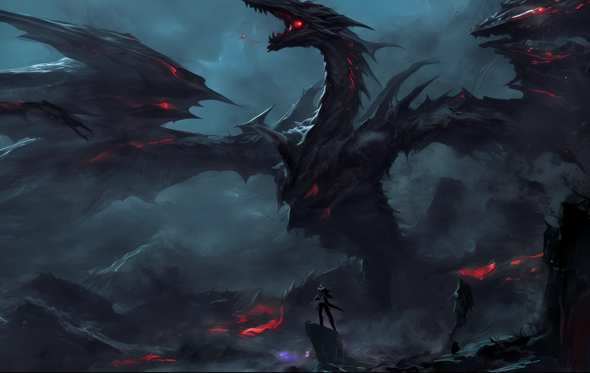 a close up of a dragon with a person standing in front of it, ancalagon the black, alduin, black dragon, dark fantasy artwork, dark fantasy concept art, 4k fantasy art, dark fantasy style art, dramatic concept art, epic fantasy artwork, 8k fantasy art, dark fantasy art, colossal dragon as background, detailed digital 2d fantasy art