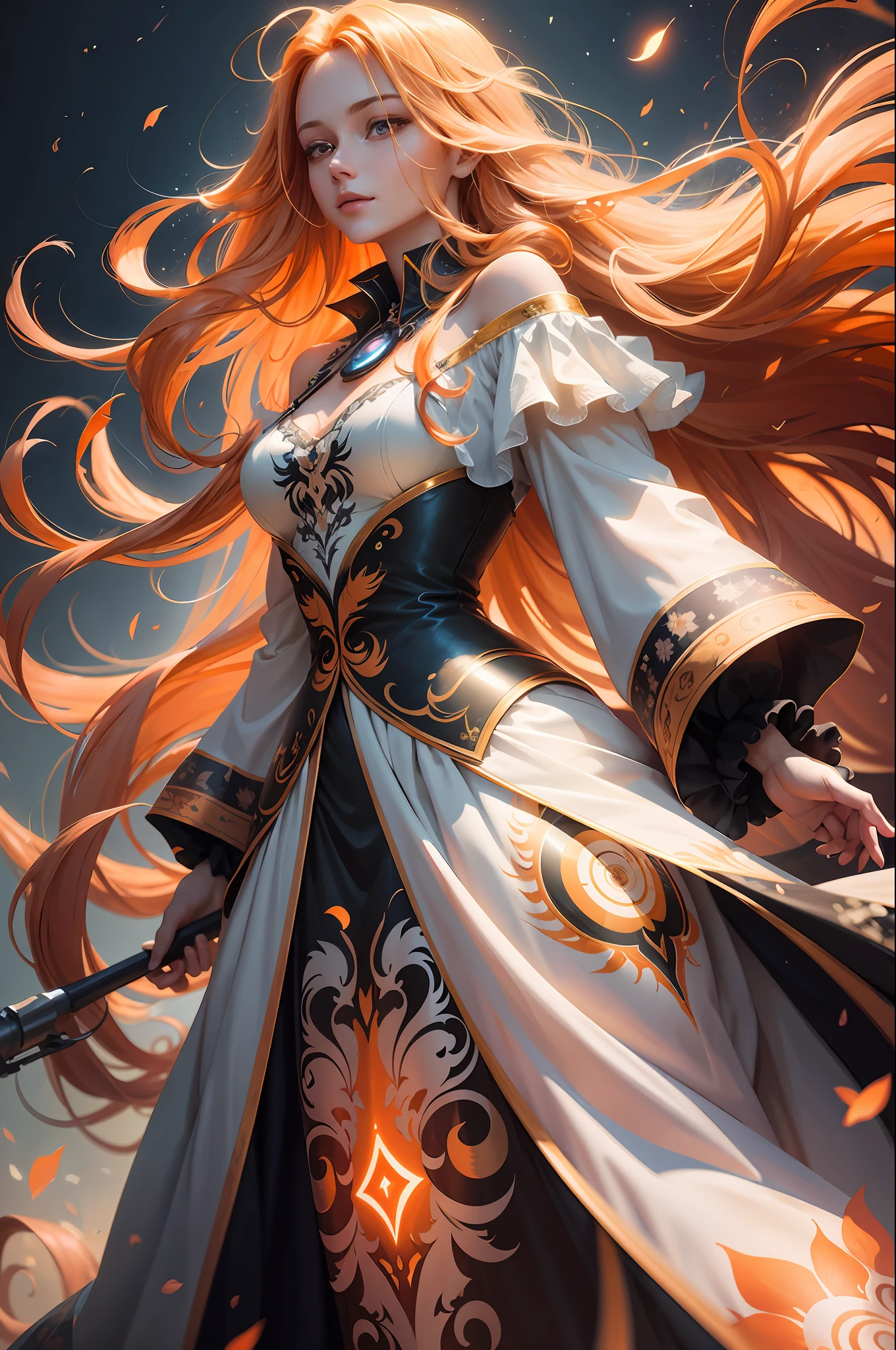 professional award winning photo, Close-up of woman with long hair, fluttering in the wind, orange flowing hair, gorgeous digital painting, gorgeous digital art, beautiful gorgeous digital art, orange glowing hair, glowing flowing hair, beautiful digital painting, glossy digital painting, beautiful digital artwork, flowing glowing hair, beautiful digital art, very beautiful digital art, stunning digital painting, beautiful digital illustration, luminism, closed aperture, light placement art