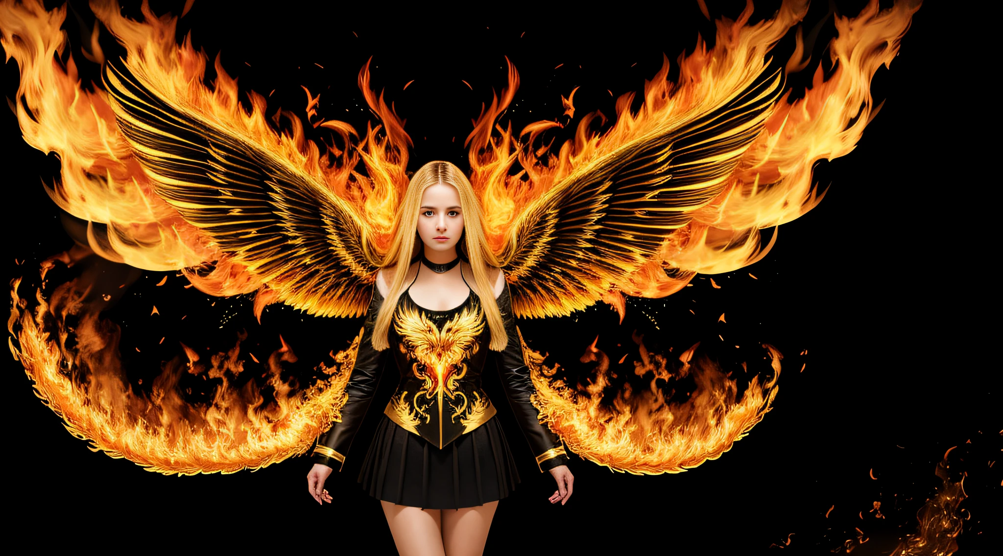 15 year old girl, blonde very long straight hair, portrait, with wings of fire in front of a black background, with golden wings burning with flame, with burning golden wings, wearing tumultuous flames, fire behind him, wings on fire, body made of fire, the background is on fire, wings of fire, flames around the body,  Standing in the fire, intricate overlay images of flames, coming out of flames, on fire