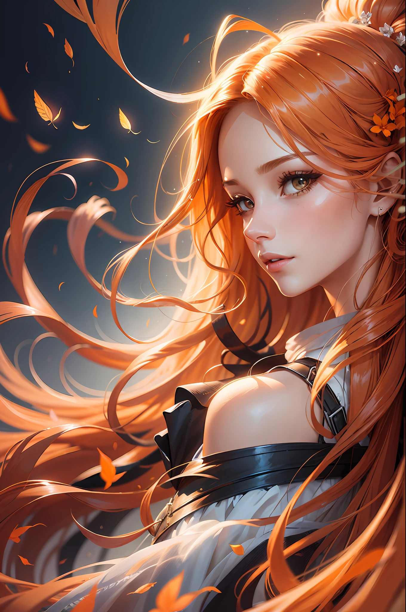 professional award winning photo, Close-up of woman with long hair, fluttering in the wind, orange flowing hair, gorgeous digital painting, gorgeous digital art, beautiful gorgeous digital art, orange glowing hair, glowing flowing hair, beautiful digital painting, glossy digital painting, beautiful digital artwork, flowing glowing hair, beautiful digital art, very beautiful digital art, stunning digital painting, beautiful digital illustration, luminism, closed aperture, light placement art