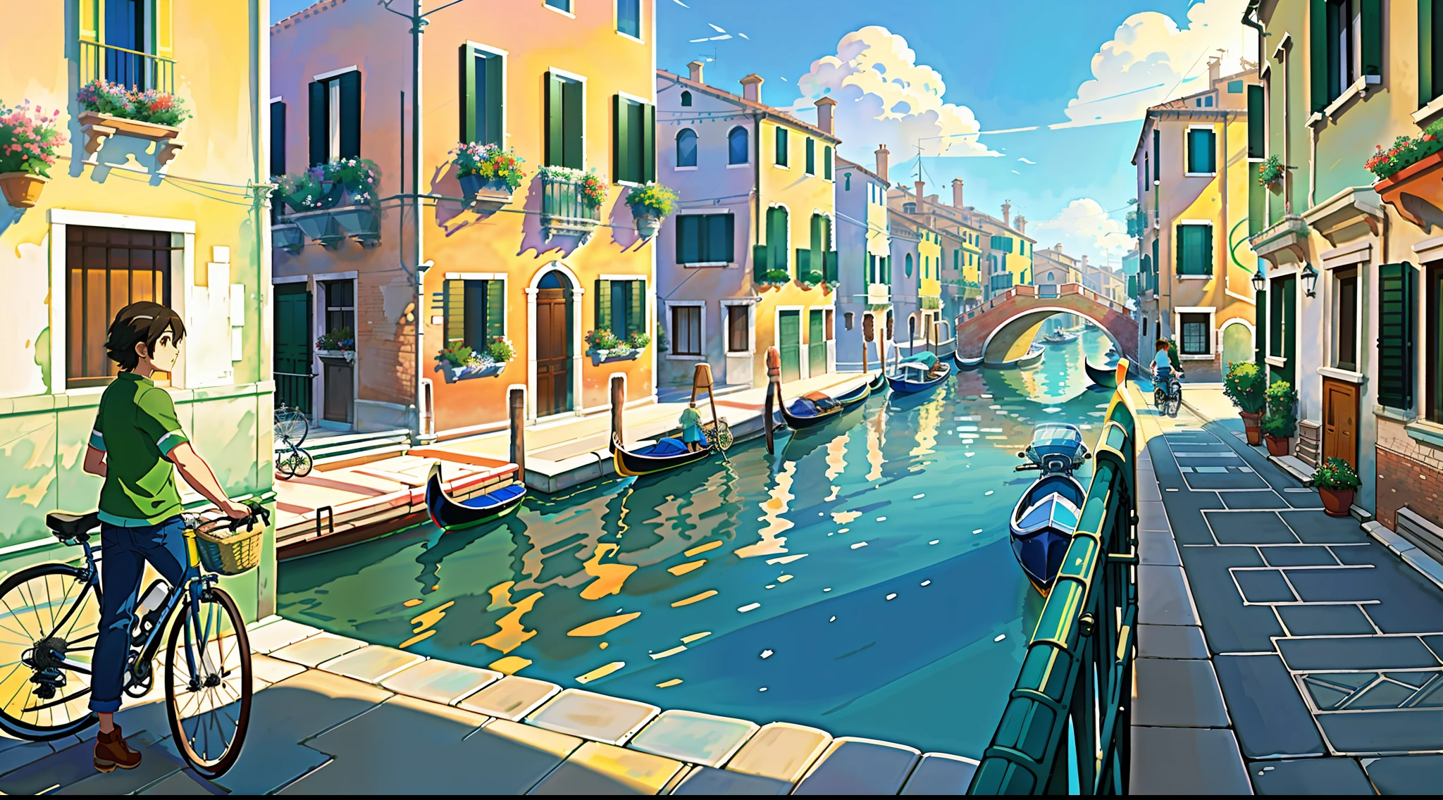 (bike: 1.5), (realistic bike: 1.5), (realistic cyclist: 1.5), venice, venice canals, urban architecture, italy, sun, landscape background, shadows, contrast, makoto shinkai (best quality: 1.3), (Highres:1) Art by Studio Ghibli Style, Impressionism, Solitude