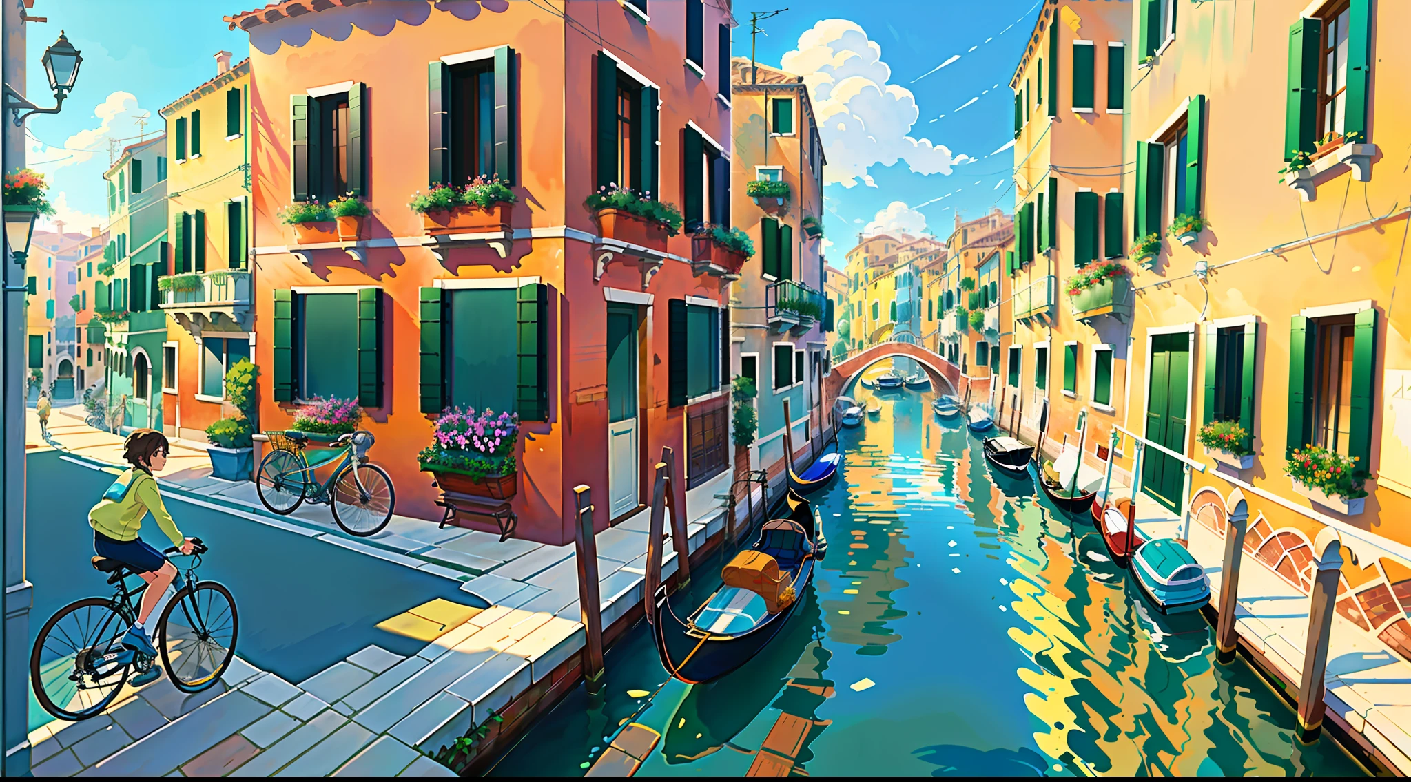 (bike: 1.5), (realistic bike: 1.5), (realistic cyclist: 1.5), venice, venice canals, urban architecture, italy, sun, landscape background, shadows, contrast, makoto shinkai (best quality: 1.3), (Highres:1) Art by Studio Ghibli Style, Impressionism, Solitude