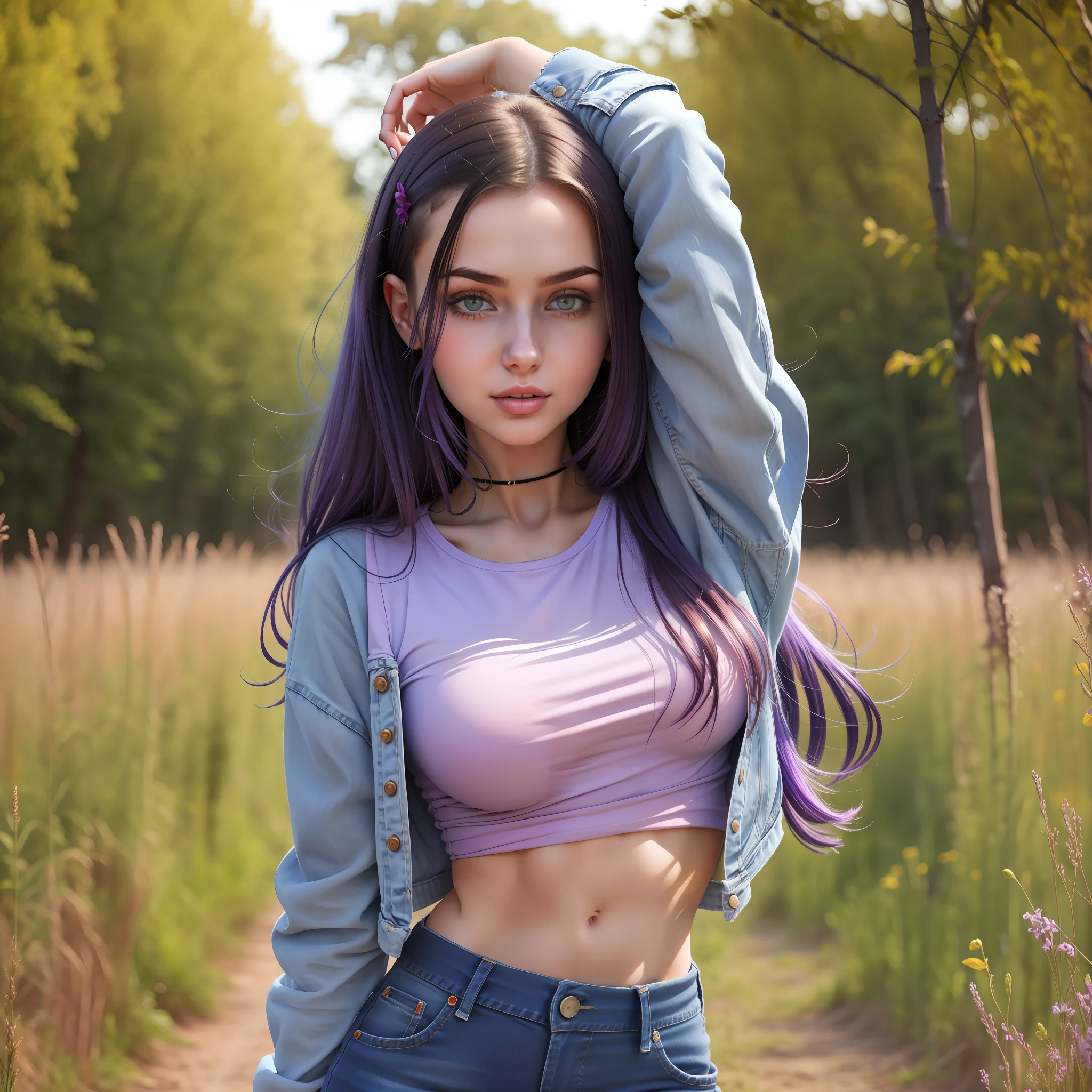 A beautiful 26 years old girl in a purple shirt and blue jeans posing in a field, anna nikonova aka newmilky, photo of slim girl model, skinny waist and thick hips, photo of slim girl, good young girl, young and cute girl, casual pose, dasha taran, ekaterina