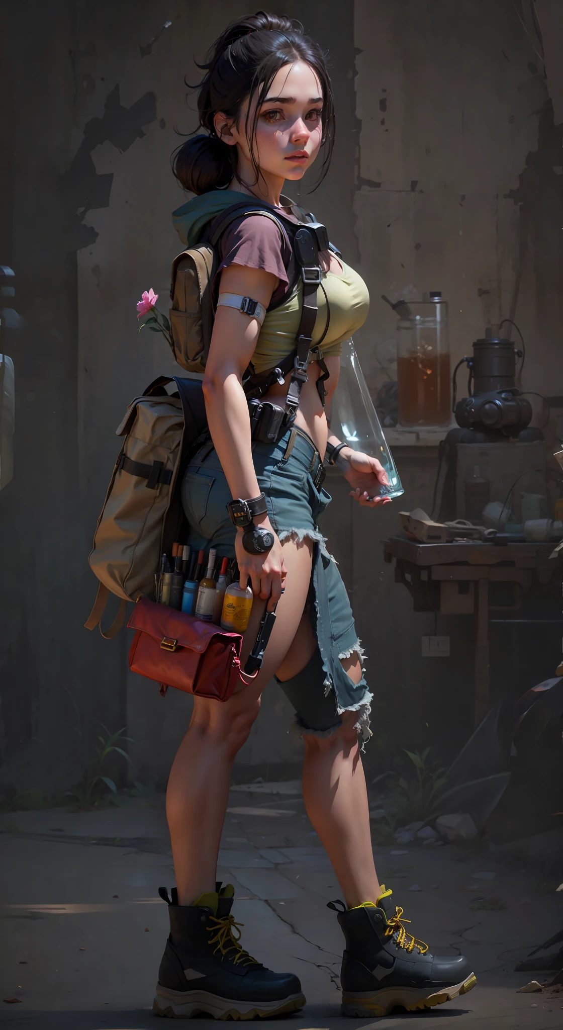 a cartoon girl with a backpack and a flower in her hand, with glass leg, A stunningly realistic 18-year-old portrayed in a masterpiece of ultra-detailed artwork, marmoset toolbag render, airbrush render, detailed full body concept, high res render, full body render, 3 d render stylized, post - apocalyptic cowgirl, marmoset toolbag rendered, full body concept, full body potrait holding bottle, deviantart artstation cgscosiety