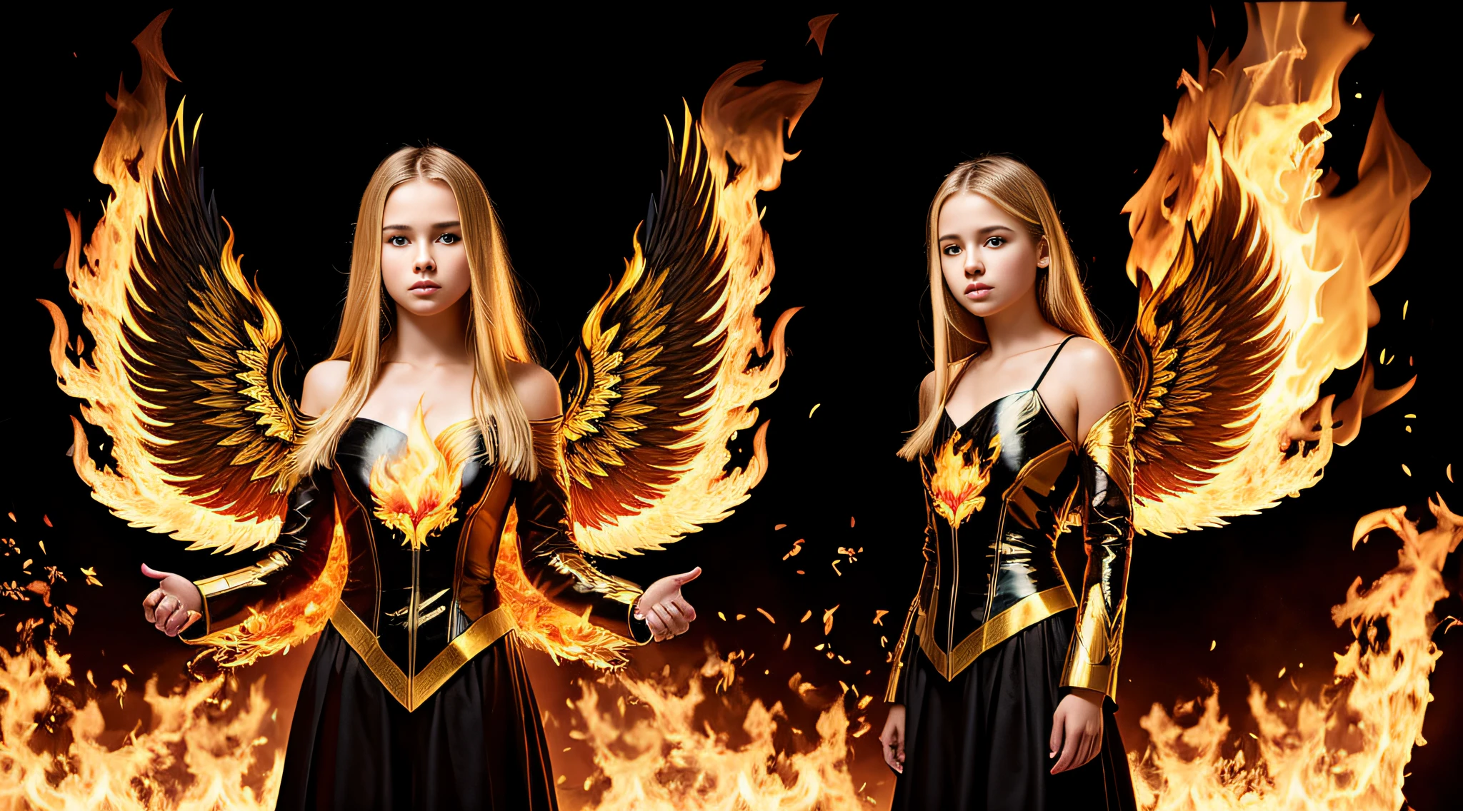 15 year old girl, blonde straight hair very long, PORTRAIT STYLE, with fire wings in front of a black background, with burning golden wings of flame, with burning golden wings, wearing tumultuous flames, fire behind him, wings on fire, body made of fire, the background is on fire, wings of fire, flames around the body, Standing in the fire, intricate overlay images of flames, coming out of flames, on fire