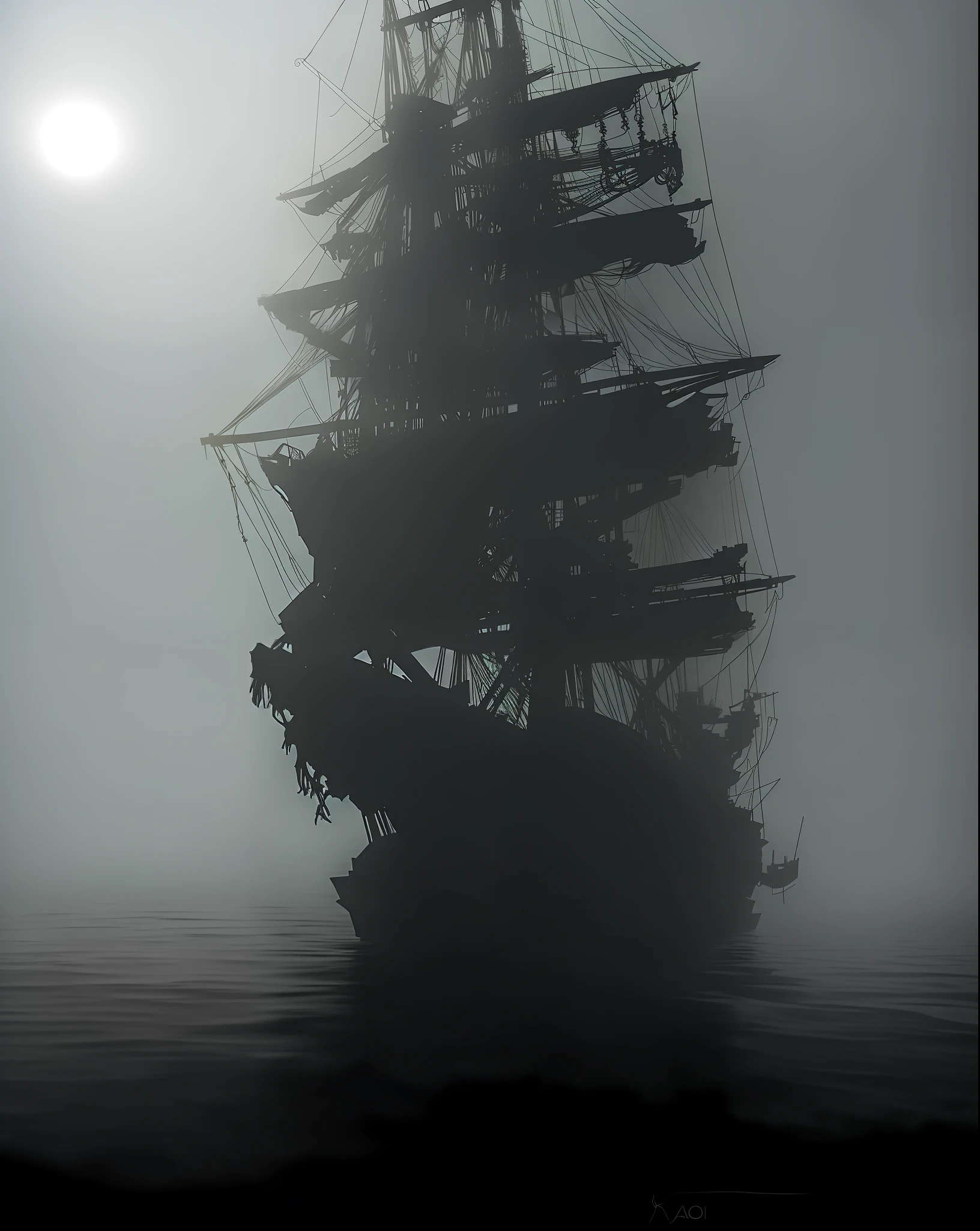 "Ghost ship" - a haunting and eerie vessel, lost in murky waters and shrouded in mist. A spectral presence, with tattered sails and creaking boards, it beckons to the curious, daring them to come closer. The ship's interior whispers of past voyages and lost souls, with rusted chains and broken lanterns casting long shadows. The atmosphere is foreboding, with the creaking of the ship's timbers echoing hauntingly in the night.