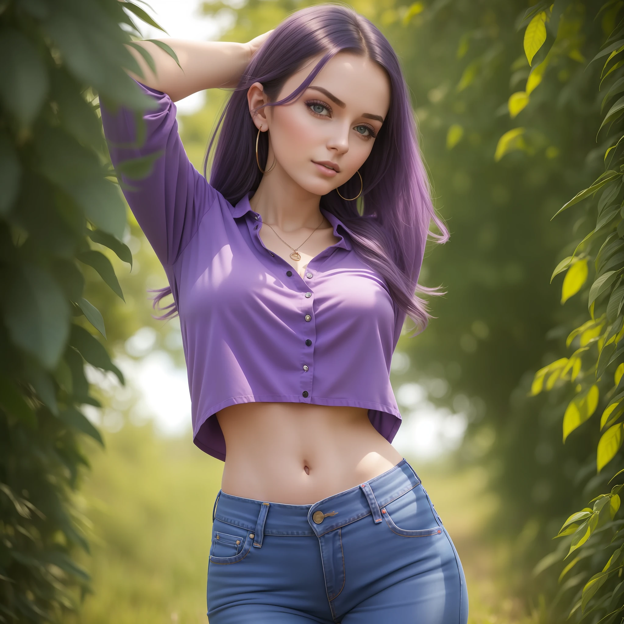 A beautiful 26 years old girl in a purple shirt and blue jeans posing in a field, anna nikonova aka newmilky, photo of slim girl model, skinny waist and thick hips, photo of slim girl, good young girl, young and cute girl, casual pose, dasha taran, ekaterina