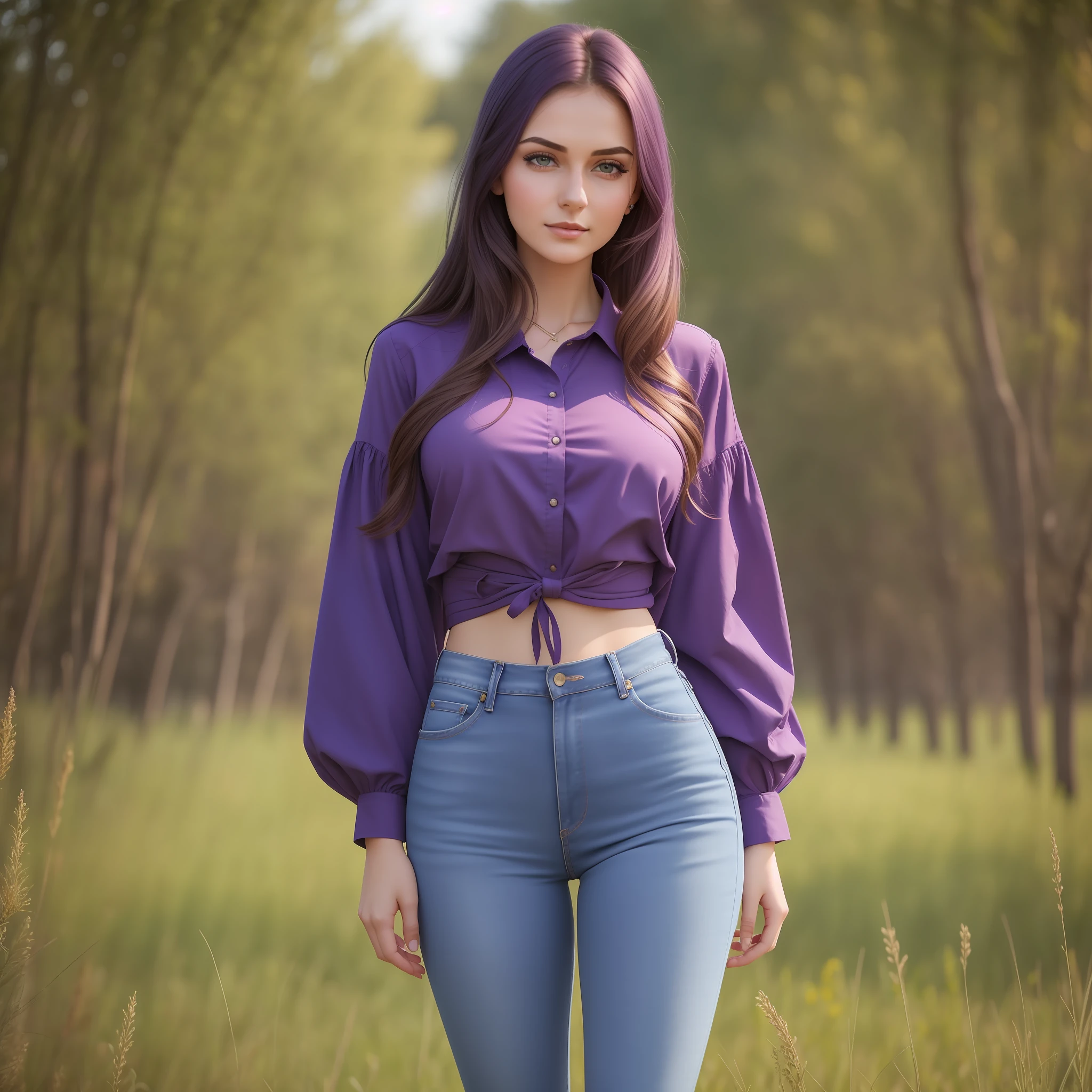 A beautiful 26 years old girl in a purple shirt and blue jeans posing in a field, anna nikonova aka newmilky, photo of slim girl model, skinny waist and thick hips, photo of slim girl, good young girl, young and cute girl, casual pose, dasha taran, ekaterina