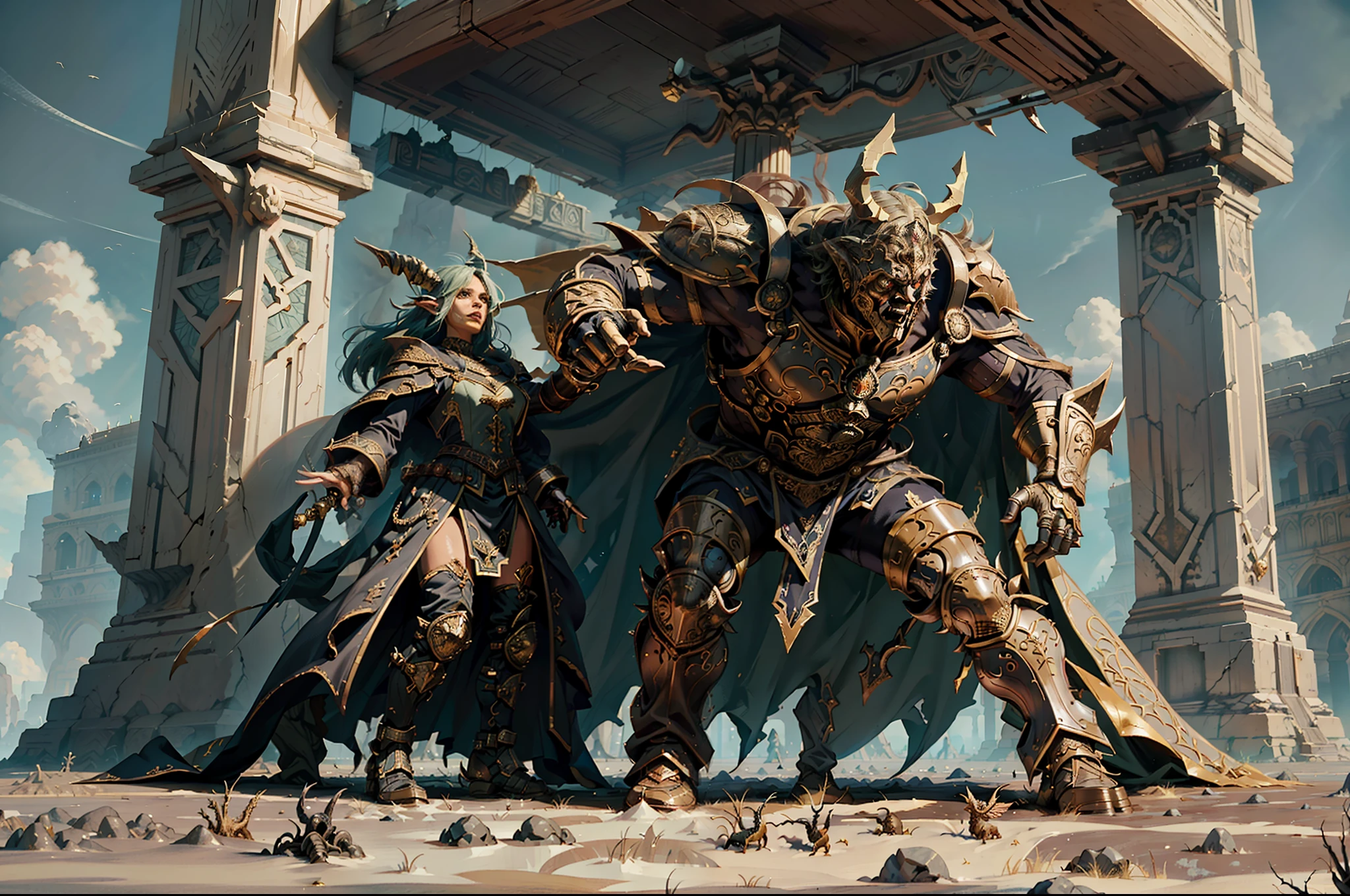 ((Best quality)), ((masterpiece)), (highly detailed:1.3)3D,tanjoreai , Amidst a realm of enchantment and mythical wonders, tales of (heroes:1.1) and (heroines:1.2) unfold. In this realm, ancient prophecies foretell the rise of a chosen champion destined to confront a malevolent force threatening to plunge the world into eternal darkness. The path to victory lies scattered across exotic and otherworldly landscapes, from mist-shrouded forests to towering crystalline peaks and (ethereal floating islands:1.1).Harnessing the arcane arts, (mighty wizards:1.1) conjure spells that weave intricate patterns of magic, while (elven archers:1.1) unleash arrows infused with ancient power. (Dwarven smiths craft legendary weapons:1.1) imbued with the essence of mythical creatures, capable of vanquishing even the most formidable foes.The heroes embark on a perilous quest, guided by ancient scrolls and cryptic riddles. Along their journey, they encounter wise mystics, shape-shifting creatures, and (mysterious sorceresses:1.1) who possess forbidden knowledge.As the heroes traverse the realms, ancient ruins and forgotten temples reveal long-lost secrets and powerful artifacts. The clash of steel and the crackling of (magical energies:1.1) echo through ancient battlegrounds, as the destiny of the world hangs in the balance. The heroes must summon unwavering courage, unwavering unity, and unlock their true potential to overcome seemingly insurmountable odds and fulfill their heroic destinies.In this realm of high fantasy, where the realms of magic and technology intertwine, where legends are born and (epic:1.2) sagas unfold, where heroes rise and villains fall, embark on a grand adventure that will captivate the imagination and transport you to a world where anything is possible,HDR (High Dynamic Range),Ray Tracing,NVIDIA RTX,Super-Resolution,Unreal 5,Subsurface scattering,PBR Texturing,Post-processing,Anisotropic Filtering,Depth-of-field,Maximum clarity and sharpness,Multi-layered textu