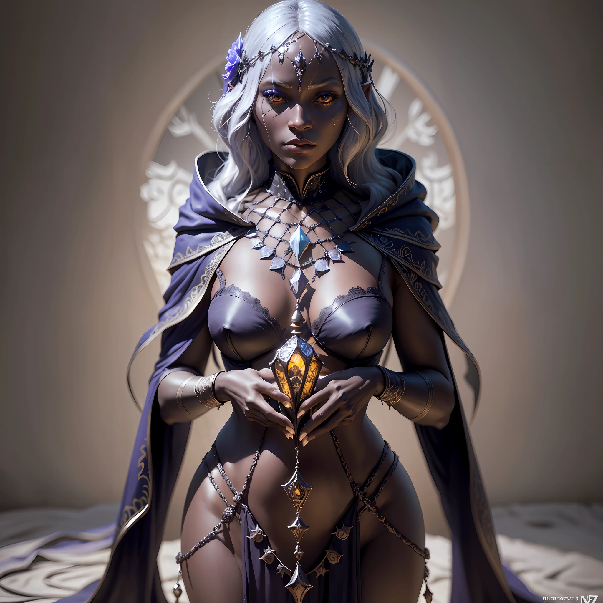 DnD, show the full-body, a DROW PRIESTESS, chiaroscuro, hyperrealism, luminism, hd, very detailed, 4k, 8k, shot on a Nikon Z7 II and Nikon NIKKOR Z 105mm f/2.8 VR S --auto --s2