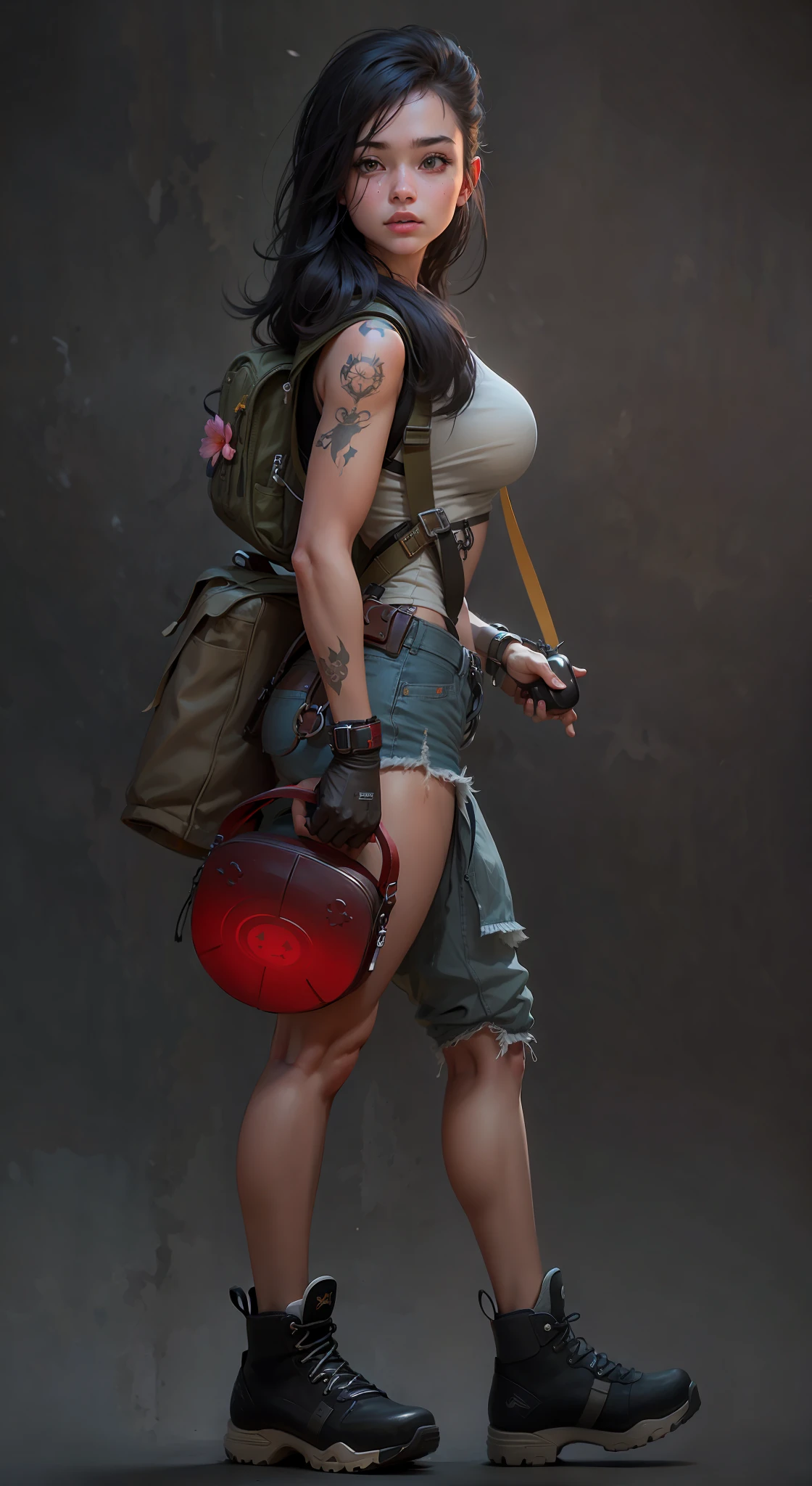 a cartoon girl with a backpack and a flower in her hand, A stunningly realistic 18-year-old portrayed in a masterpiece of ultra-detailed artwork, marmoset toolbag render, airbrush render, detailed full body concept, high res render, full body render, 3 d render stylized, post - apocalyptic cowgirl, marmoset toolbag rendered, full body concept, full body potrait holding bottle, deviantart artstation cgscosiety