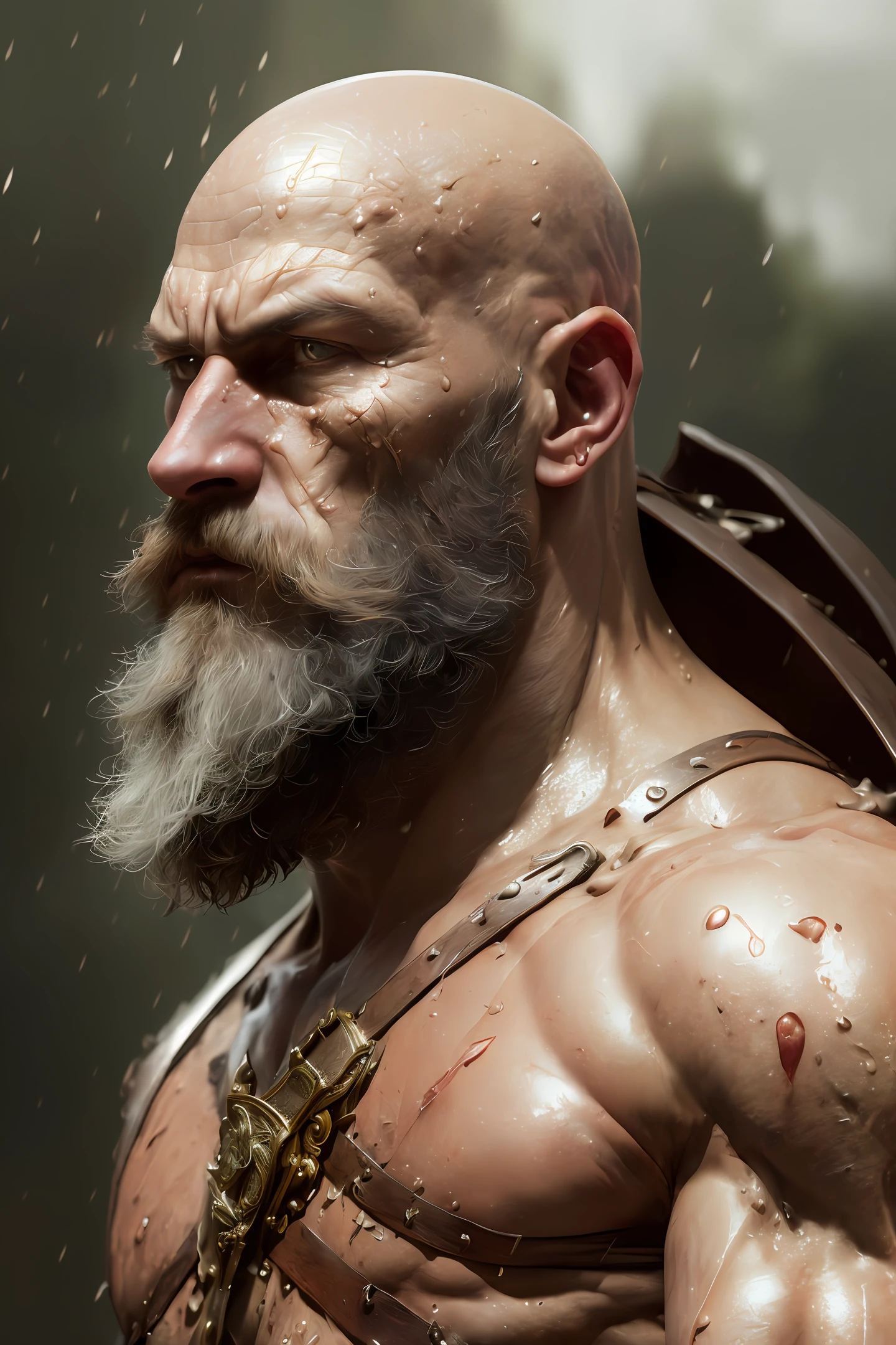 photo of the most beautiful artwork in the world featuring a soft and lustrous male hero, (((epic heroic fantasy, muscular men, stout, wet, wounded hero, angry look, bald and long beard and fierce appearance in a dynamic posture dying on the ground, fantastic location, majestic cluttered environment)), full body 8k unit rendering, action photo,  skin pores, very dark lighting, heavy shadows, detailed and detailed face, (vibrant, realistic photo, realistic, dramatic, dark, sharp focus, 8k), (weather-damaged old and worn leather clothing: 1.4), (intricate: 1.4), decadent, (highly detailed: 1.4), digital painting, octane rendering, artstation, concept art, smooth, sharp focus, illustration, artgerm art, (loish: 0.23), wlop ilya kuvshinov,  and Greg Rutkowski and Alphonse Mucha Gracias, (global lighting, studio light, volumetric light), heavy rain, floating particles