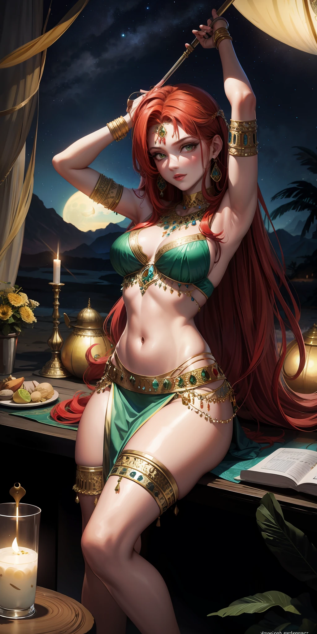 redhead, dancer, bellydancer, belly dancer, green eyes, beautiful, desert, night, tent, mystic, incense, moonlight, masterpiece, hd, detailed