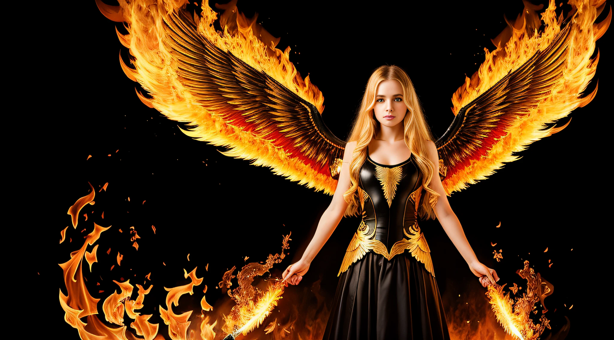 15 year old girl, blonde very long straight hair, PORTRAIT CLOSEUP STYLE, with fire wings in front of a black background, with burning golden wings of flame, with burning golden wings, wearing tumultuous flames, fire behind him, wings on fire, body made of fire, the background is on fire, wings of fire, flames around the body, Standing in the fire, intricate overlay images of flames, coming out of flames, on fire