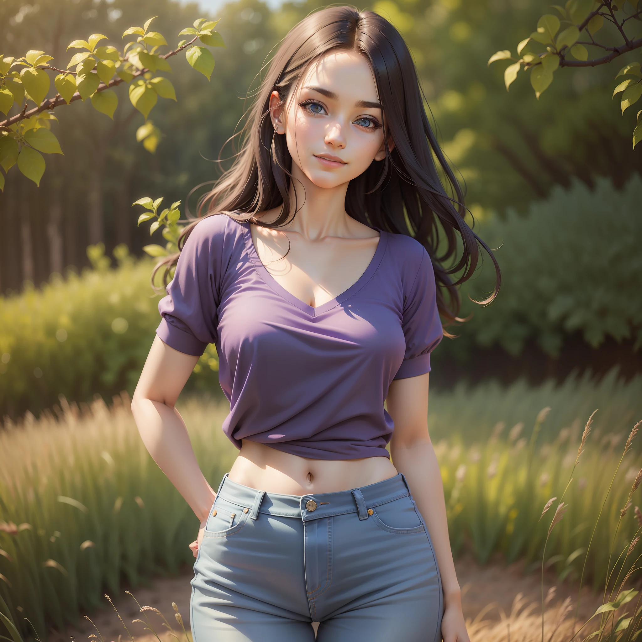 A beautiful 20 years old girl in a purple shirt and blue jeans posing in a field, photo of slim girl model, skinny waist and thick hips, photo of slim girl, good young girl, young and cute girl, casual pose, light smile, Realism, Suprematism, Impressionism, Pixar, drop shadow, silhouette, Eye-Level Shot, Ultra-Wide Angle, Sony FE GM, Sony FE, Hasselblad, UHD, masterpiece, super detail, high details, high quality, award winning, best quality