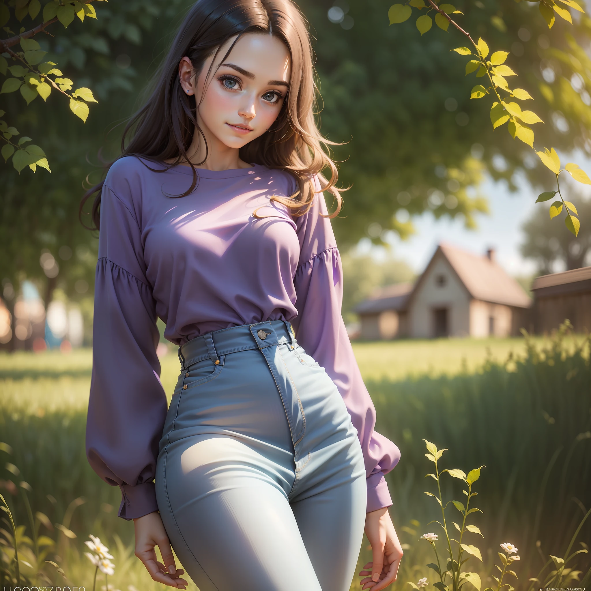 A beautiful 20 years old girl in a purple shirt and blue jeans posing in a field, photo of slim girl model, skinny waist and thick hips, photo of slim girl, good young girl, young and cute girl, casual pose, light smile, Realism, Suprematism, Impressionism, Pixar, drop shadow, silhouette, Eye-Level Shot, Ultra-Wide Angle, Sony FE GM, Sony FE, Hasselblad, UHD, masterpiece, super detail, high details, high quality, award winning, best quality