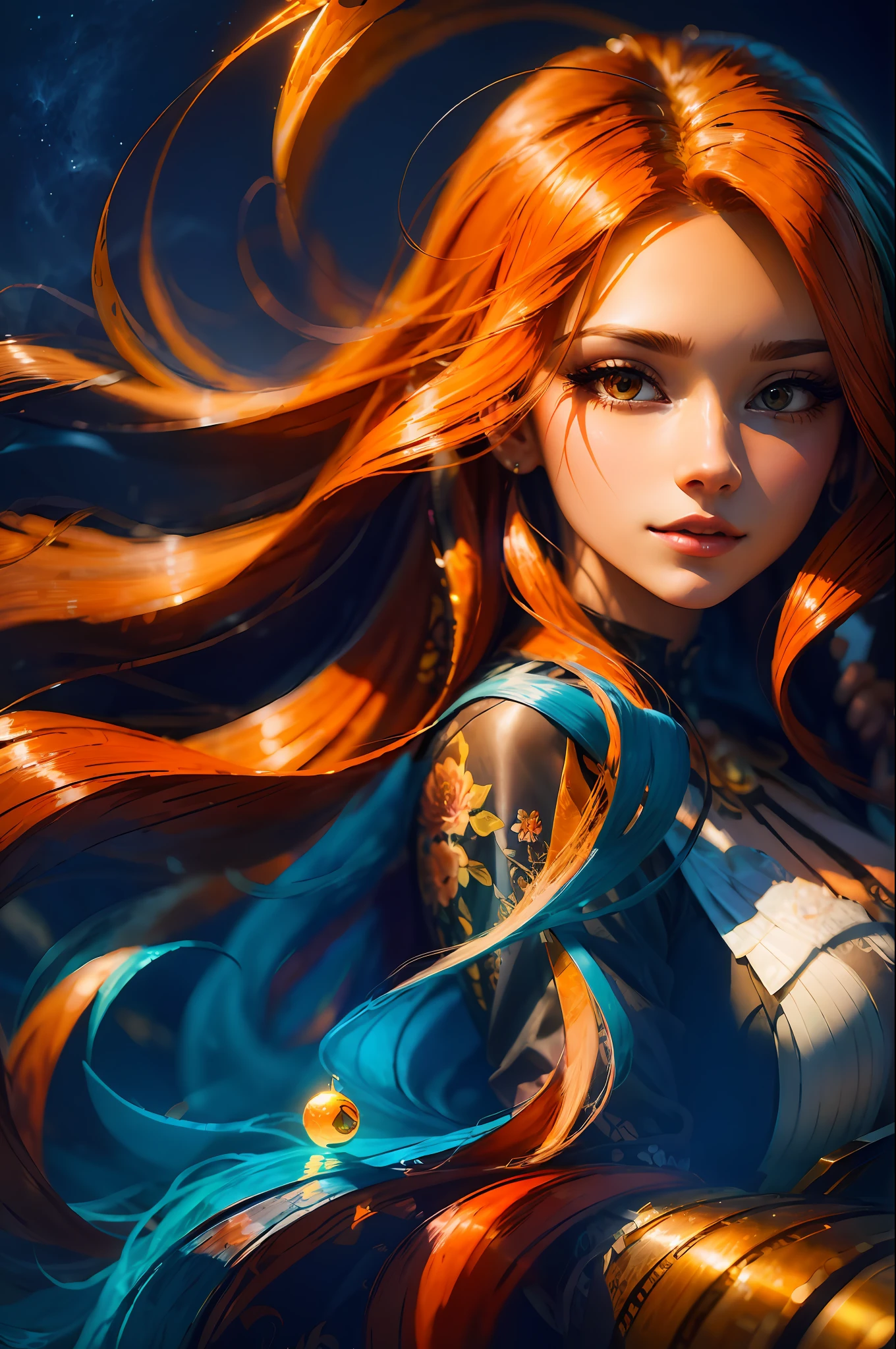professional award winning photo, Close-up of woman with long hair, fluttering in the wind, orange flowing hair, gorgeous digital painting, gorgeous digital art, beautiful gorgeous digital art, orange glowing hair, glowing flowing hair, beautiful digital painting, glossy digital painting, beautiful digital artwork, flowing glowing hair, beautiful digital art, very beautiful digital art, stunning digital painting, beautiful digital illustration, luminism, closed aperture, light placement art