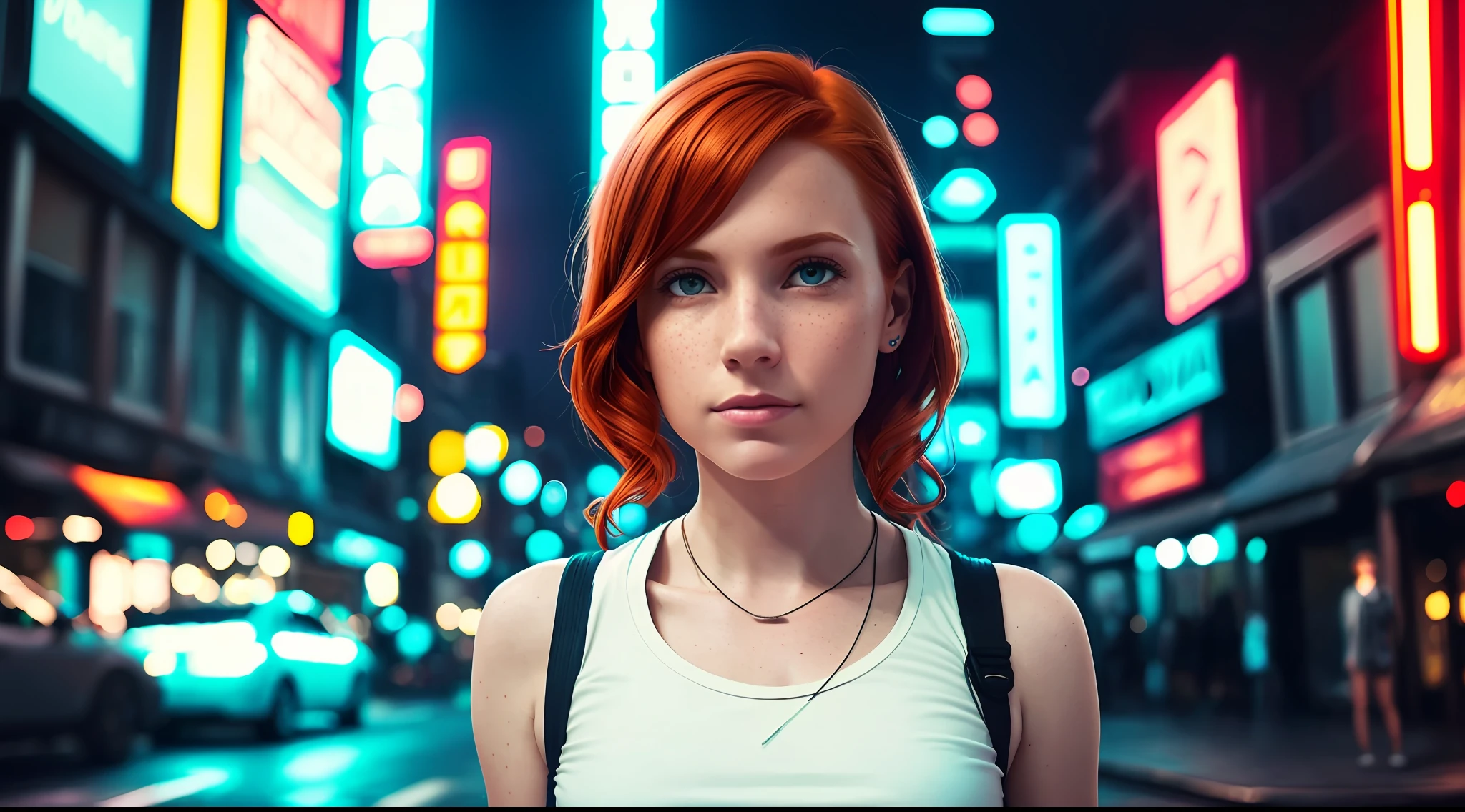 Award-winning photo from the waist up, an ultra wide angle of 17 mm, portrait of one (redhead: 1.2) (solo), freckle teacher, living on the street of the city cyberpunk,: white shirt: 18, atmosphere of cyberpunk and neon, light room, cinematic, dark shot, strong colors, insane details, intricate details, hyperdetailed, close-up, night