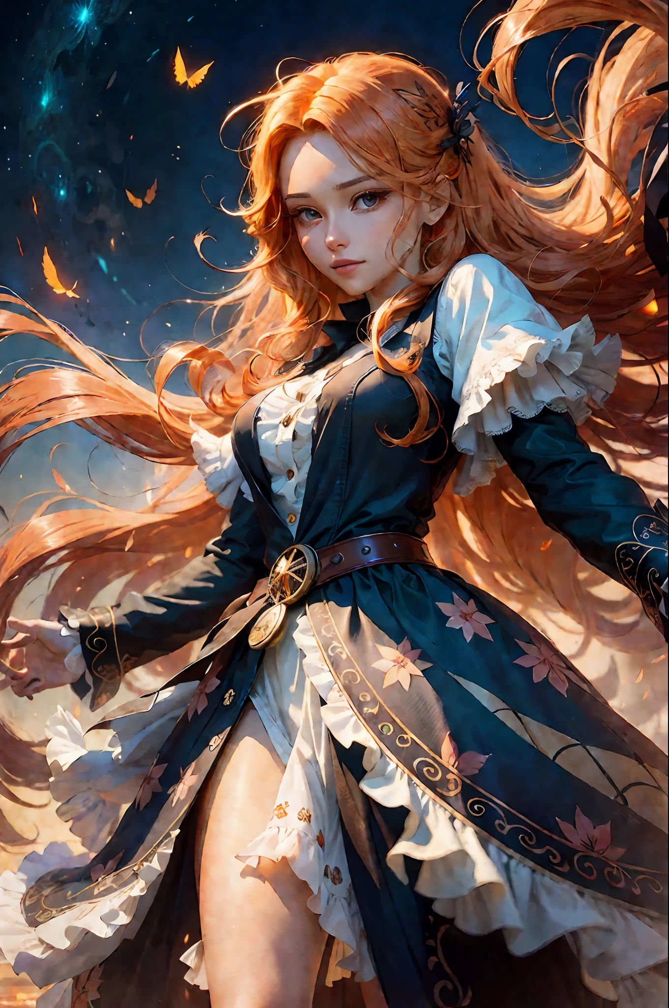 professional award winning photo, Close-up of woman with long hair, fluttering in the wind, orange flowing hair, gorgeous digital painting, gorgeous digital art, beautiful gorgeous digital art, orange glowing hair, glowing flowing hair, beautiful digital painting, glossy digital painting, beautiful digital artwork, flowing glowing hair, beautiful digital art, very beautiful digital art, stunning digital painting, beautiful digital illustration, luminism, closed aperture, light placement art