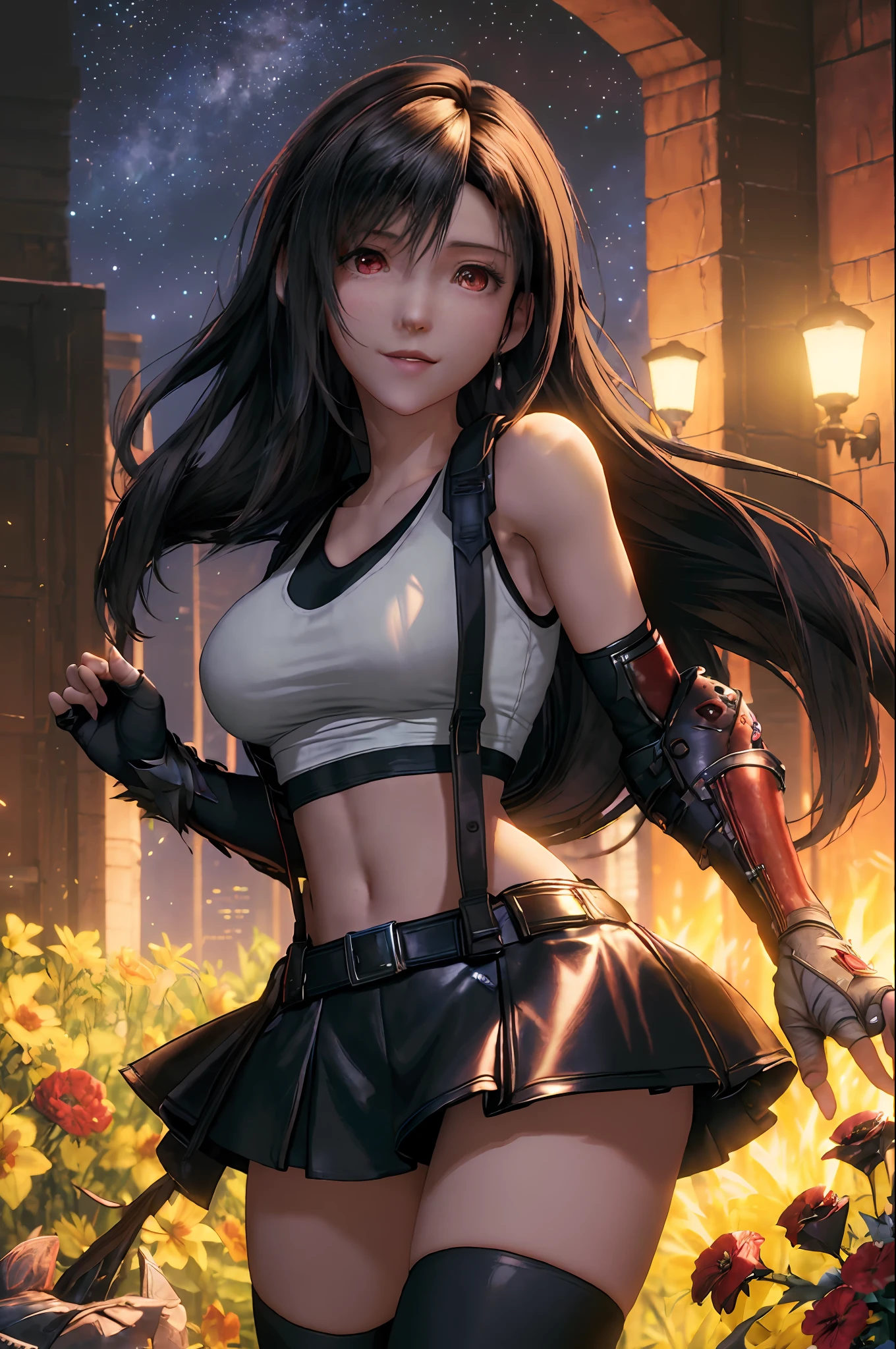 (8k, best quality, masterpiece:1.2), (realistic, photo-realistic:1.37), ultra-detailed, 1 girl,cute, solo, (tifa lockhart), (small breasts),(beautiful detailed eyes), (smile:1.2), (closed mouth), erotic pose, dancing, neon lights, cityscape, depth of field, dark intense shadows, sharp focus, cars, motion blur, motor bikes, depth of field, good composition, green glowing light, Final Fantasy VII, dating,(nose blush), single elbow pad, ankle boots, black hair, black skirt, black thighhighs, red boots, elbow gloves, elbow pads, fingerless gloves, taut shirt, sports bra, (suspender black skirt), thighhighs, white tank top, full body, head rest, lips, pretty face, low-tied long hair, ((red_eyes)), yellow flowers, (night:1.3), intricate, bokeh, cinematic lighting, photon mapping, radiosity, physically-based rendering, (Tetsuya Nomura style)