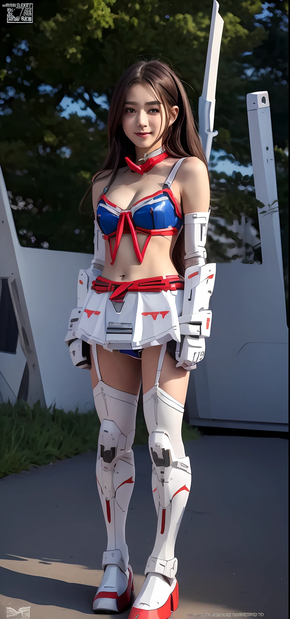 (Top Quality, 8k, Masterpiece: 1.3)), Sharp Focus: 1.2, Perfect Body Shape: 1.4, Slender Abs: 1.2, (((Dark Gray Hair, Big: 1.4)), Highly Detailed Face and Skin Texture, Detailed Eyes, (Full Body, Sting) (Best Quality: 1.5), (Masterpiece: 1.5), (High Resolution: 1.5), (RAW Photo: 1.5), Realistic, Photorealistic, High Detail, Film Grain, Detail Skin, Natural Light, Symmetrical, 8K, One Beautiful Girl, Solo, Masterpiece, Highly Detailed CG Unity 8K Wallpaper, Top Quality, Lifelike, RAW Photos, Amazing, Detailed, Award-winning Photos, Cinematic Lighting, (Full Body Gravure Photography), Balanced Body, Balanced Face, Balanced Eyes, Beautiful eyes, cute mouth, cute nose, (full body), (petite, small face, slim, slender body), (big, H cup), (side breasts), breasts, (smile), 1 beautiful girl, (young face, 15 years old, beautiful girl), solo, (white, blue, red, color micro bikini type Gundam style mecha armor), (chest part is blue), (waist part is red), (helium core part of panties with collar is yellow) , (white mesh stockings) (white garter), (small shoulder armor), (belly button out, exposed), (arms out, exposed), (cleavage, exposed), (thighs out, exposed), (cosplay venue in a disaster prevention park crowded outside Makuhari Messe), (Gundam style full-body cosplay), (full body, standing),