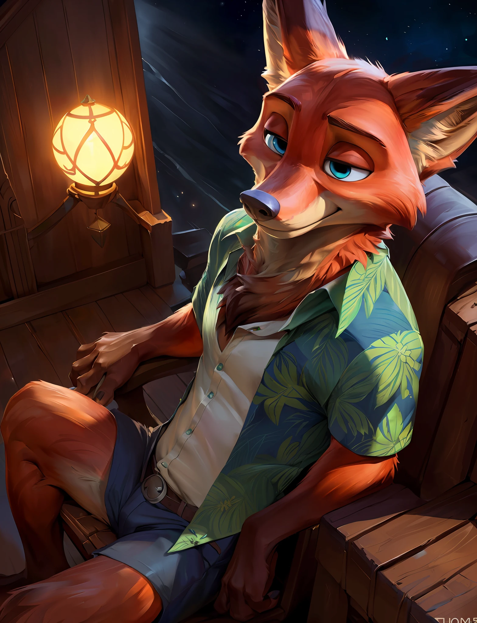 uploaded on e621, by Pixelsketcher, by Bayard Wu, by Thomas Benjamin Kennington , by Einshelm, solo (((wildlife feral))) (((nick wilde))) with ((neck tuft)) and (fluffy tail) and ((clear navy blue eyes)), (( portrait)), BREAK, ((wear green and blue hawaii floral shirt)), (detailed Chunie feral fox), (detailed Bonifasko lighting), (detailed fur), (detailed skin), BREAK, ((sitting at community on full moon night)), (cinematic lighting), ((detailed background)), ((high-angle view)), (((three-quarter view))), (half body shadow), [backlighting], [crepuscular ray], [detailed ambient light], [gray natural lighting], [ambient light on the belly], (higher wildlife feral detail), [realistic proportions], [explict content], [sharp focus], (questionable content), (shaded), ((masterpiece)), BREAK