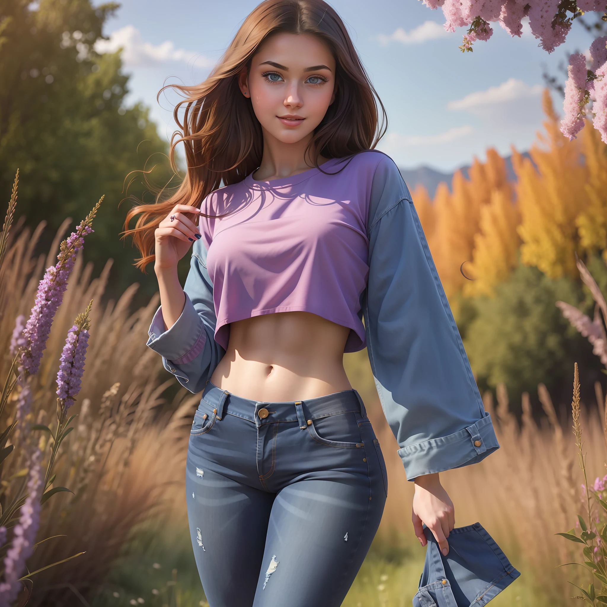 A beautiful 20 years old girl in a purple shirt and blue jeans posing in a field, photo of slim girl model, skinny waist and thick hips, photo of slim girl, good young girl, young and cute girl, casual pose, light smile, Realism, Suprematism, Impressionism, Pixar, drop shadow, silhouette, Eye-Level Shot, Ultra-Wide Angle, Sony FE GM, Sony FE, Hasselblad, UHD, masterpiece, super detail, high details, high quality, award winning, best quality