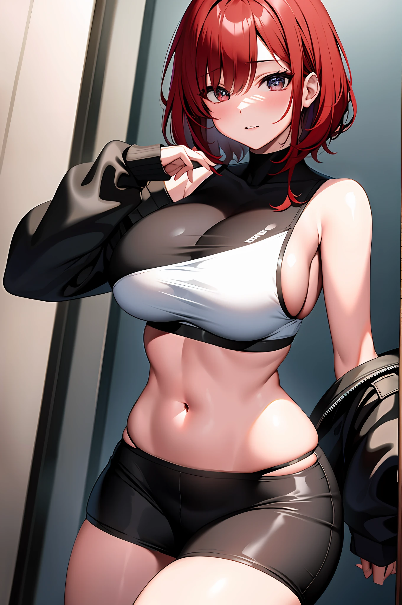 High school girl, short red hair, bangs cover one eye, drooping eyes, large breasts, thick thighs,