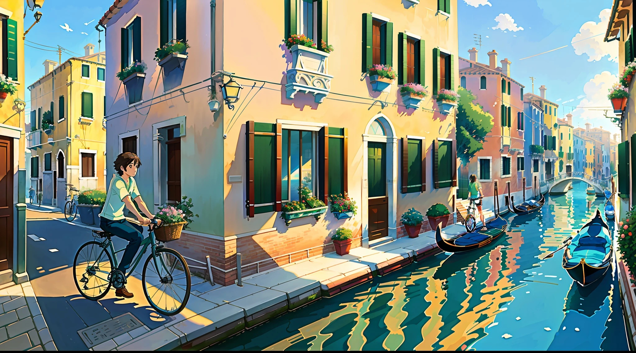 (bike: 1.5), (realistic bike: 1.5), (realistic cyclist: 1.5), back cyclist, venice, venice canals, italy, sun, landscape background, shadows, contrast, makoto shinkai (best quality: 1.3), (Highres:1) Art by Studio Ghibli Style, Impressionism, Solitude