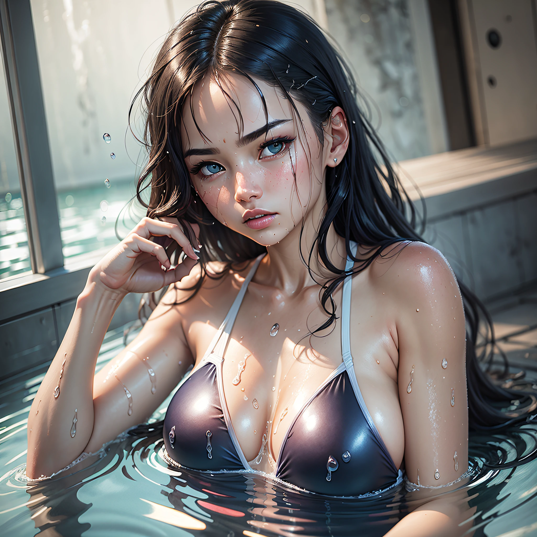 Transparent, wet, gradient, sexy swimsuit, moody vibe, sharp eyes --auto --s2