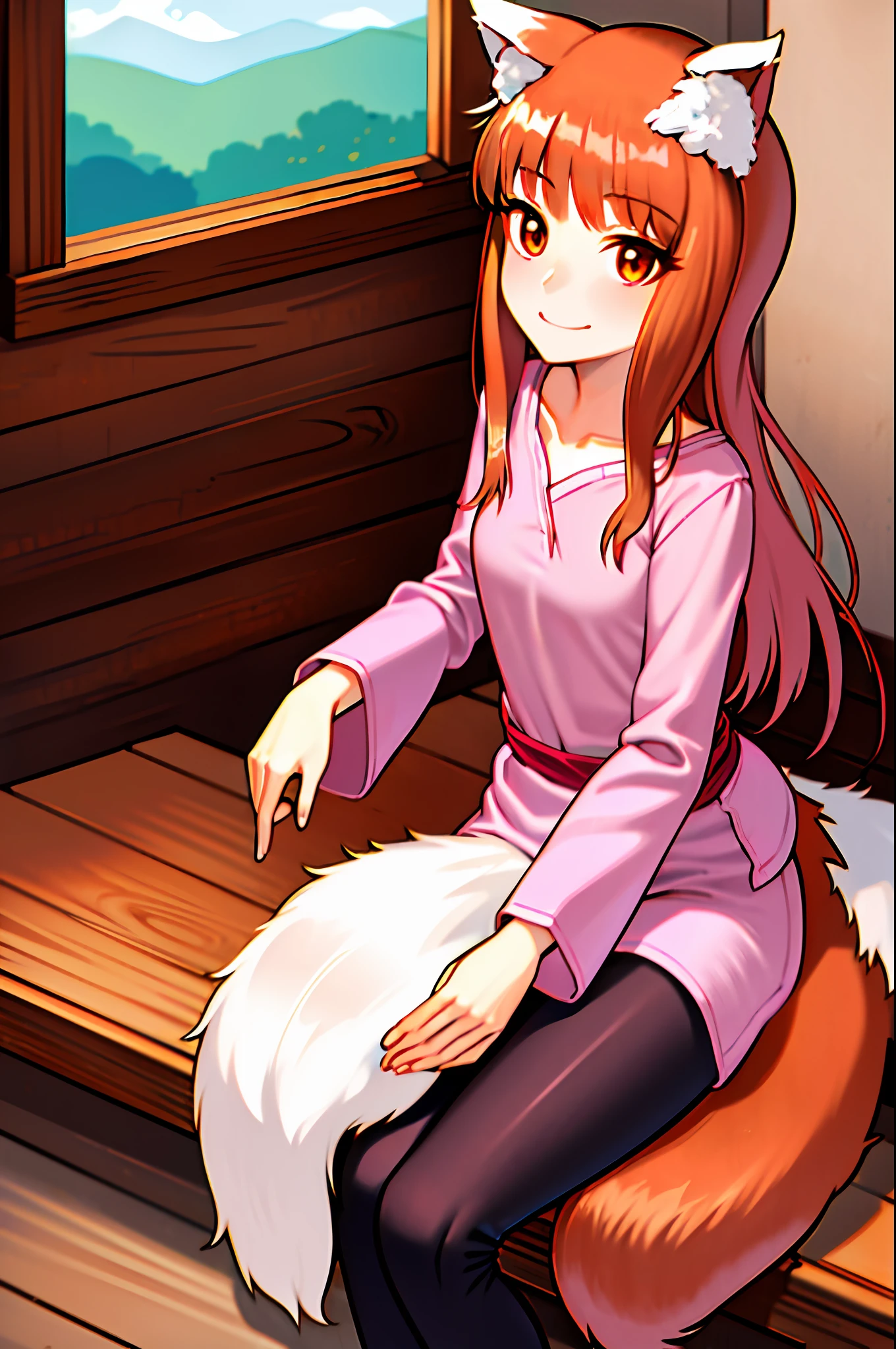 (holo:1.5), (holoPinkShirt:1.5), masterpiece, best quality, absurdres, 1girl, looking at viewer, sitting, indoors, bed, wooden interior, dresser, window, candle, viewed from above, looking up, pouch, sash, smile, black pants