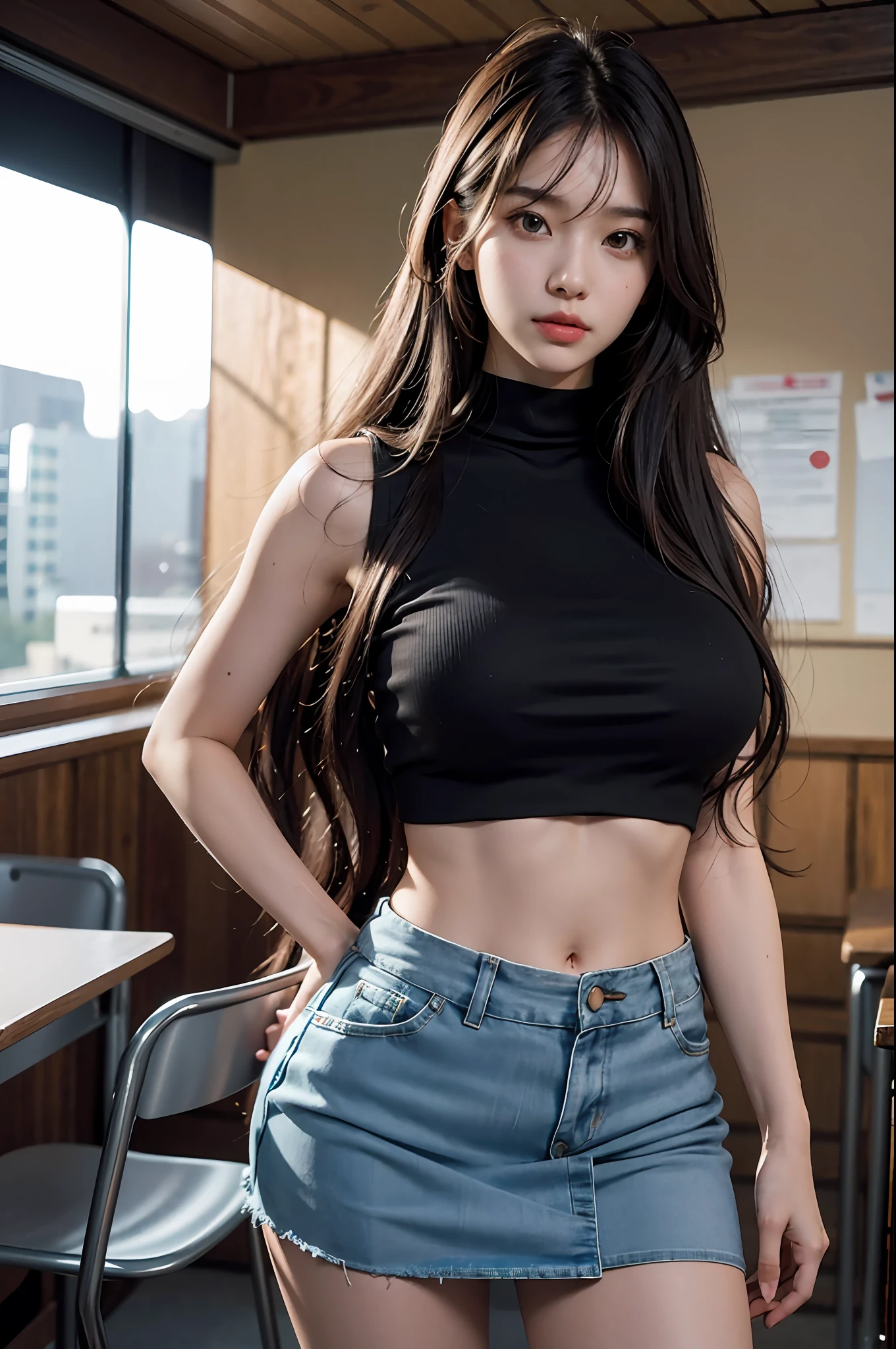 masterpiece, best quality, (realistic, photo-realistic:1.4), (RAW photo:1.2), extremely detailed CG unity 8k wallpaper, an extremely delicate and beautiful, amazing, finely detail, official art, absurdres, incredibly absurdres, huge filesize, ultra-detailed, extremely detailed, beautiful detailed girl, extremely detailed eyes and face, beautiful detailed eyes, light on face, 1girl, long hair, disheveled hair, ((long wavy hair)), solo, cute, looking at viewer, (perfect female figure), narrow waist, full body, huge breasts, standing, microskirt, miniskirt, plaid skirt, navel, midriff, sleeveless shirt, bare arms, bangs, school, classroom, ulzzang-6500-v1.1,