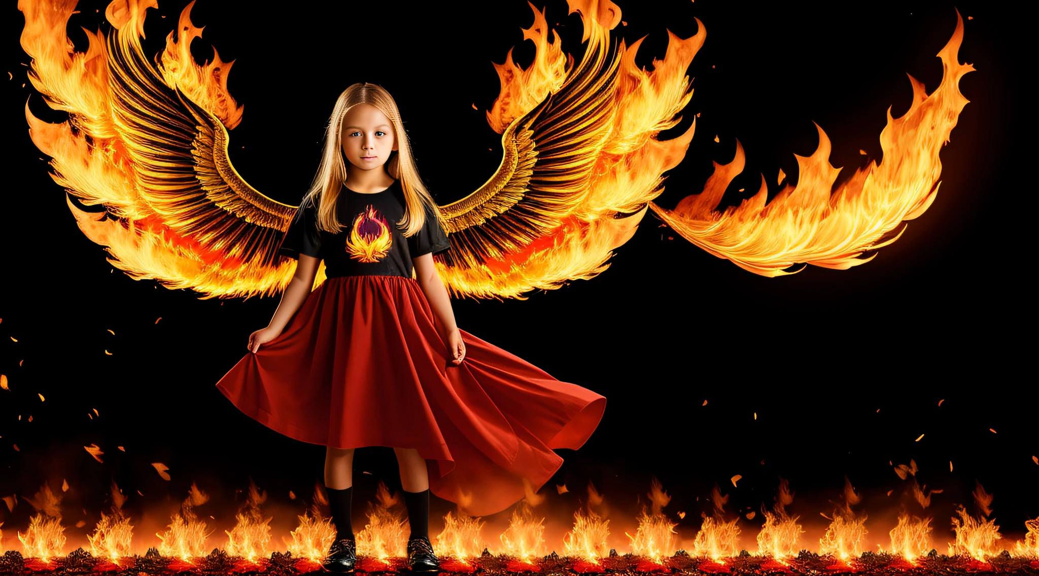 girl CHILD 10 years old, blonde straight hair very long, PORTRAIT STYLE, CLOSE UP, with wings of fire in front of a black background, with golden wings burning with flame, with burning golden wings, wearing tumultuous flames, fire behind him, wings on fire, body made of fire, the background is on fire, wings of fire, flames around the body, Standing in the fire, intricate overlay images of flames, coming out of flames, on fire