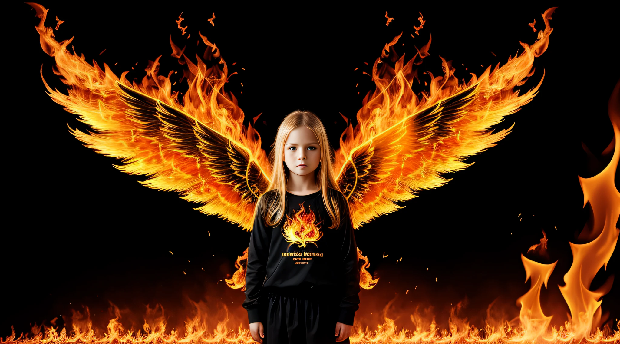 girl CHILD , blonde straight hair very long, PORTRAIT STYLE, CLOSE UP, with wings of fire in front of a black background, with golden wings burning with flame, with burning golden wings, wearing tumultuous flames, fire behind him, wings on fire, body made of fire, the background is on fire, wings of fire, flames around the body, Standing in the fire, intricate overlay images of flames, coming out of flames, on fire