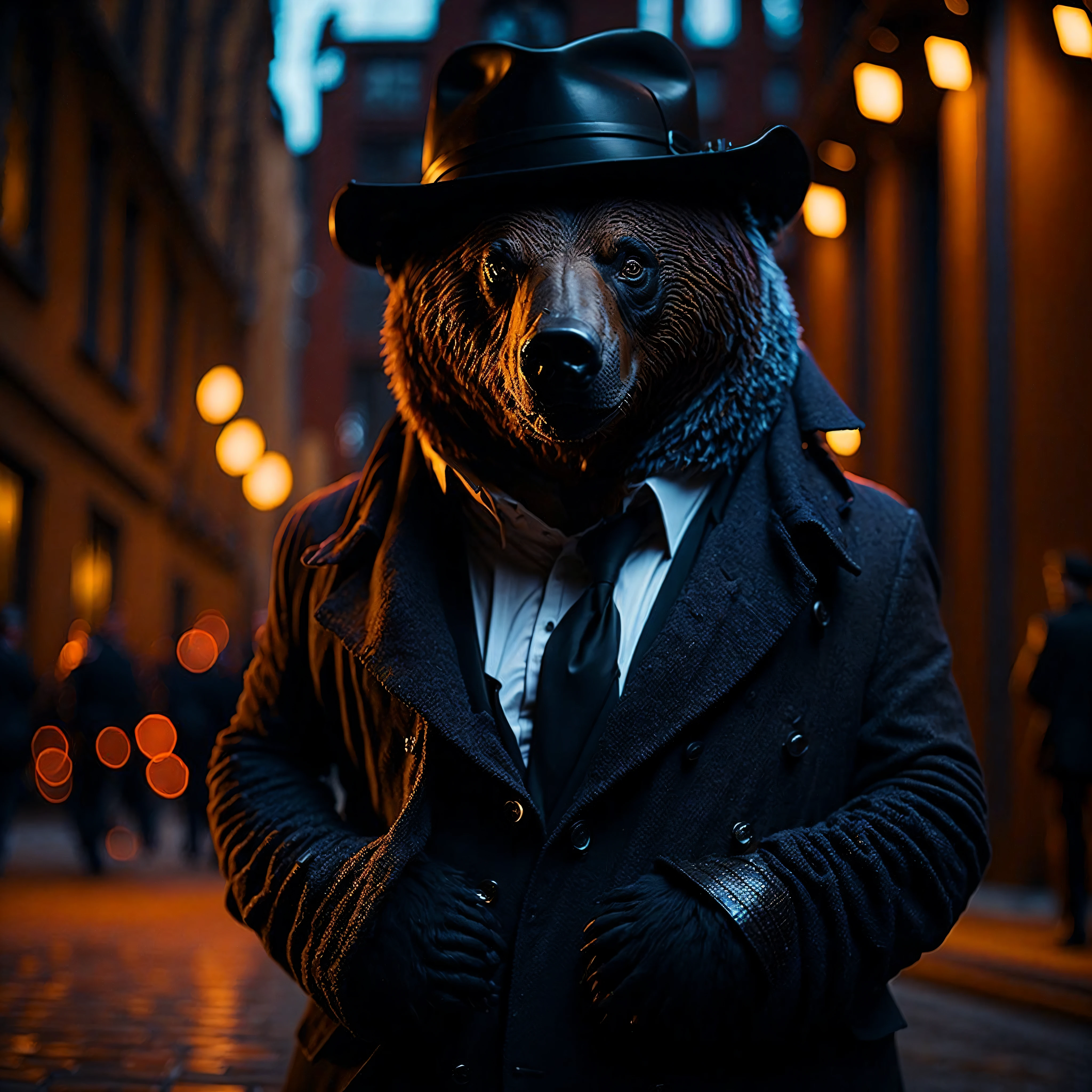 award winning portrait of a bear dressed as a secret agent, on the Red Square, bokeh, backlit